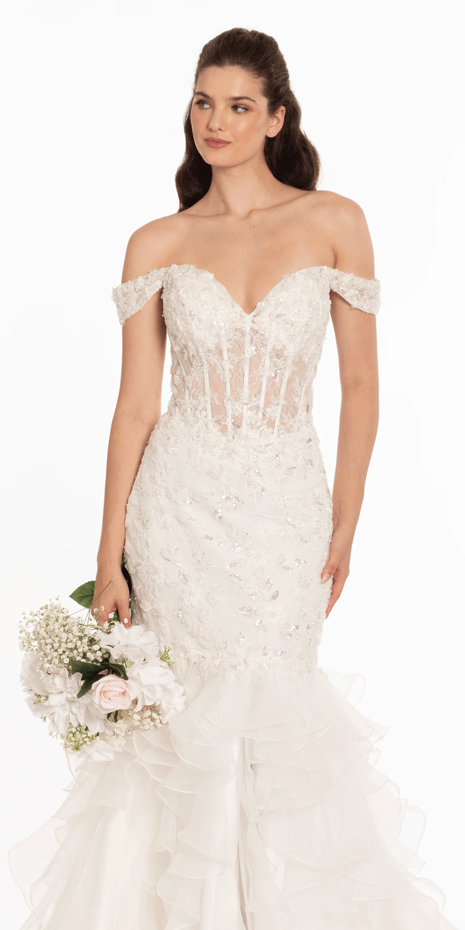 Off the Shoulder Lace Applique Corset Mermaid Dress - Image 3