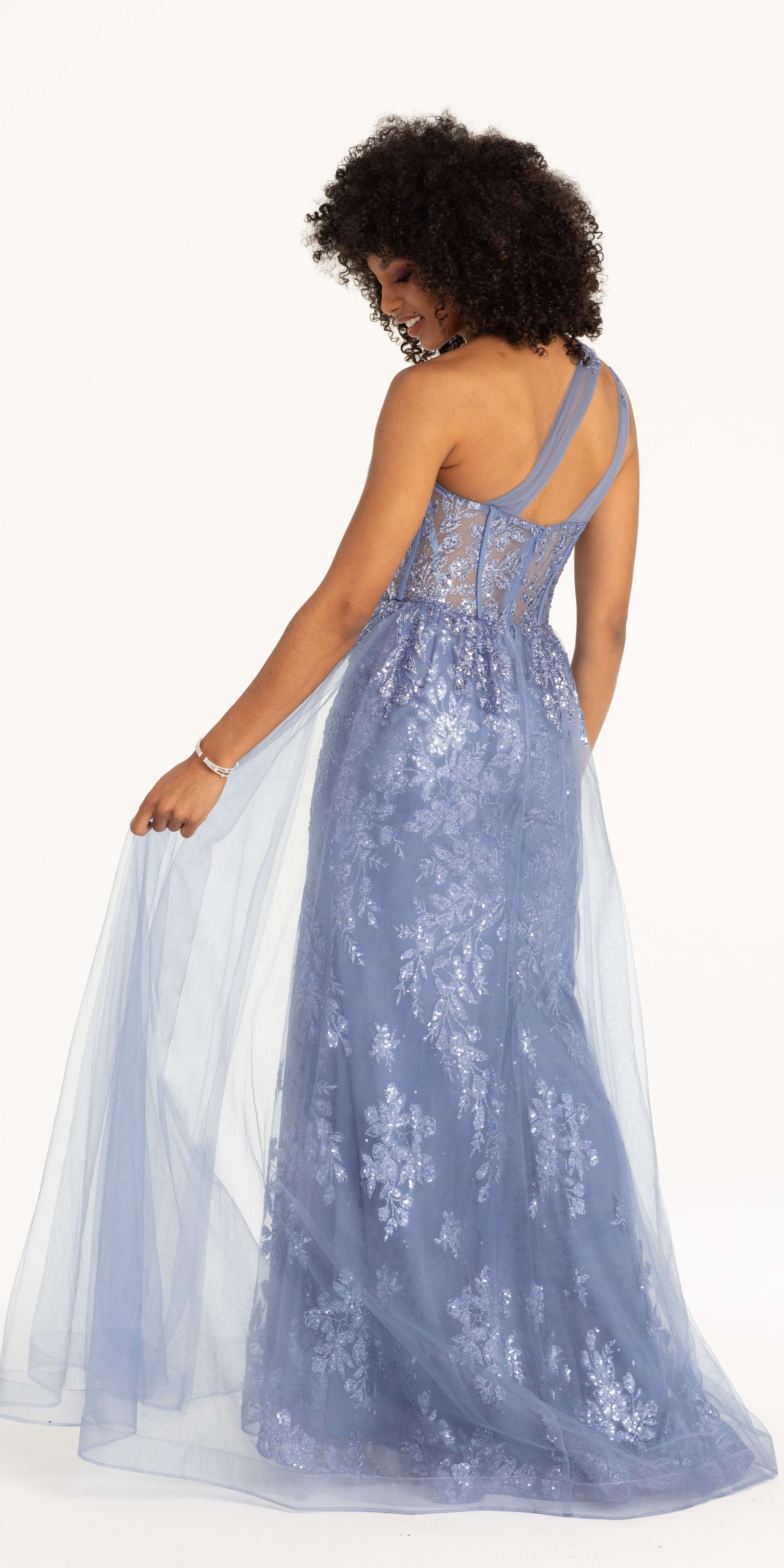 One Shoulder Floral Glitter Column Dress with Hostess Skirt - Image 6