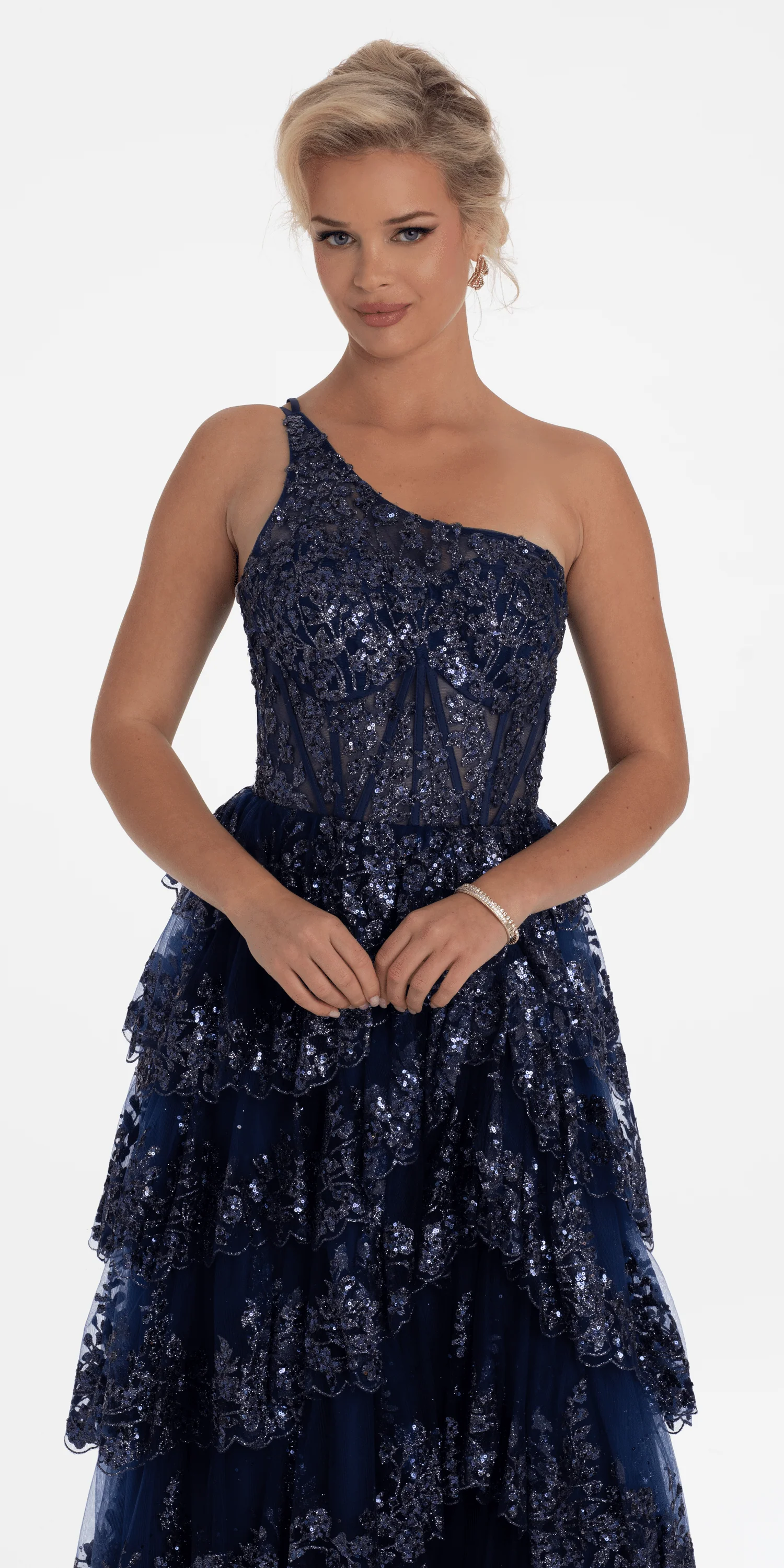 One Shoulder Glitter Corset Tiered Ballgown - Image 2