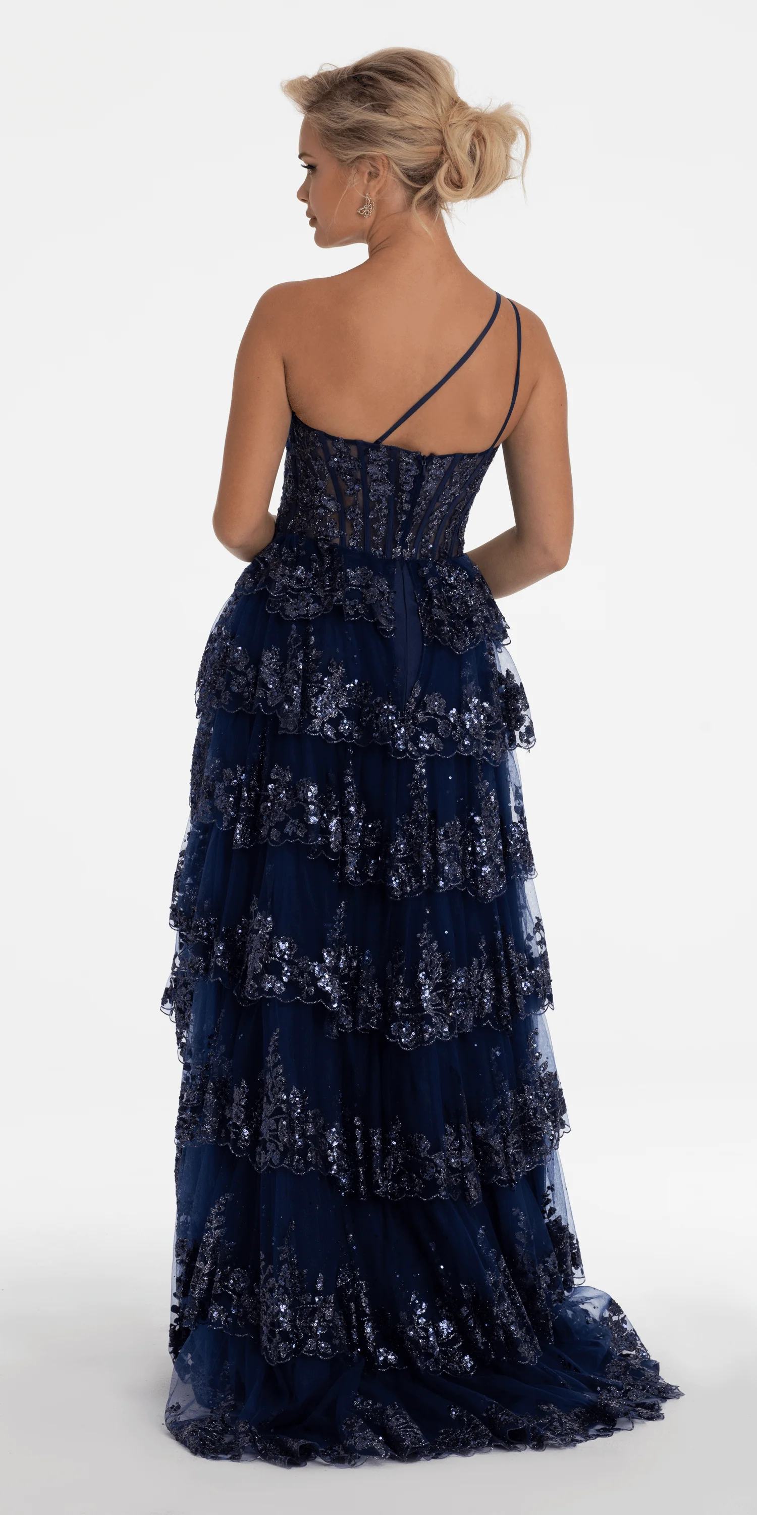 One Shoulder Glitter Corset Tiered Ballgown - Image 3