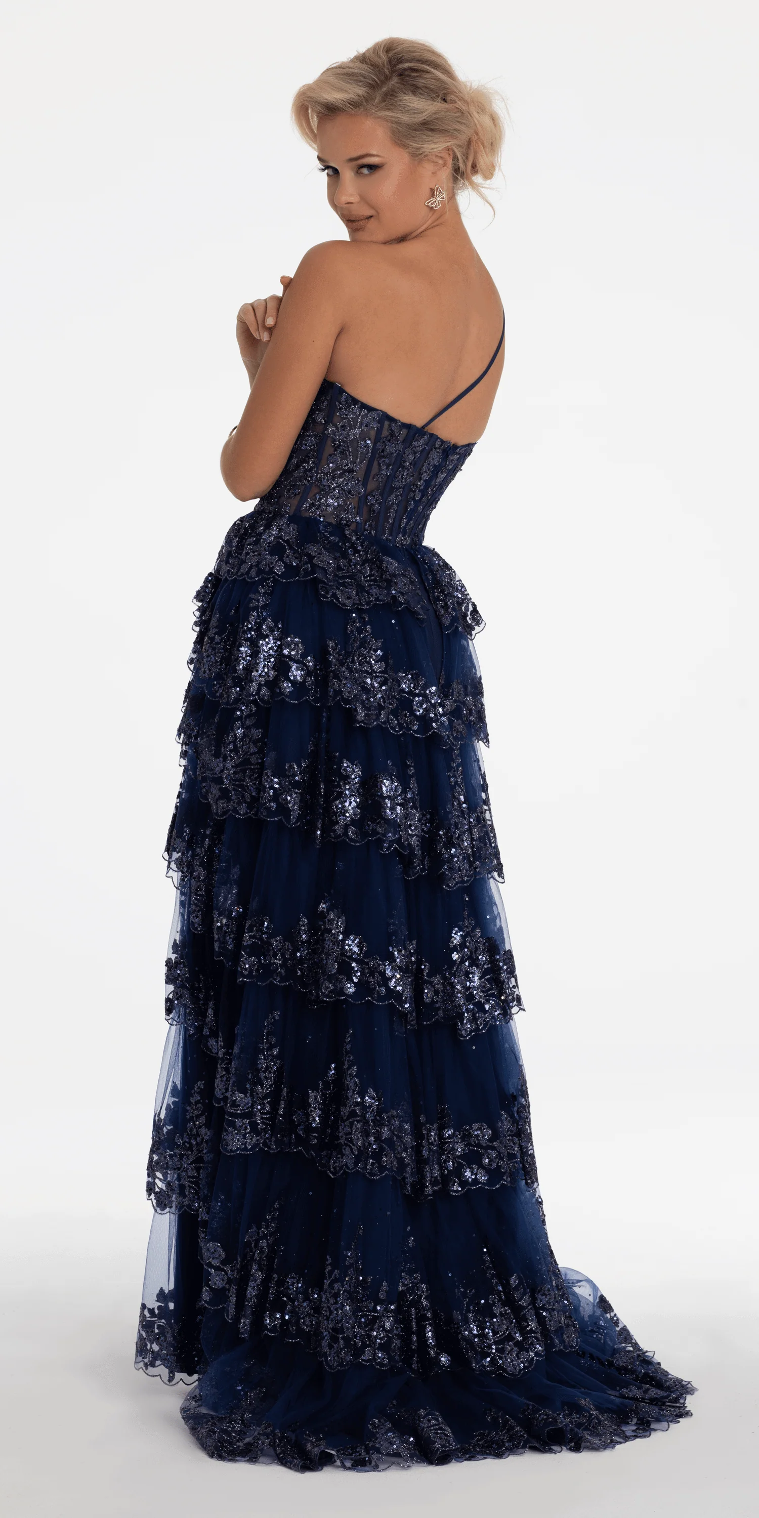One Shoulder Glitter Corset Tiered Ballgown - Image 4