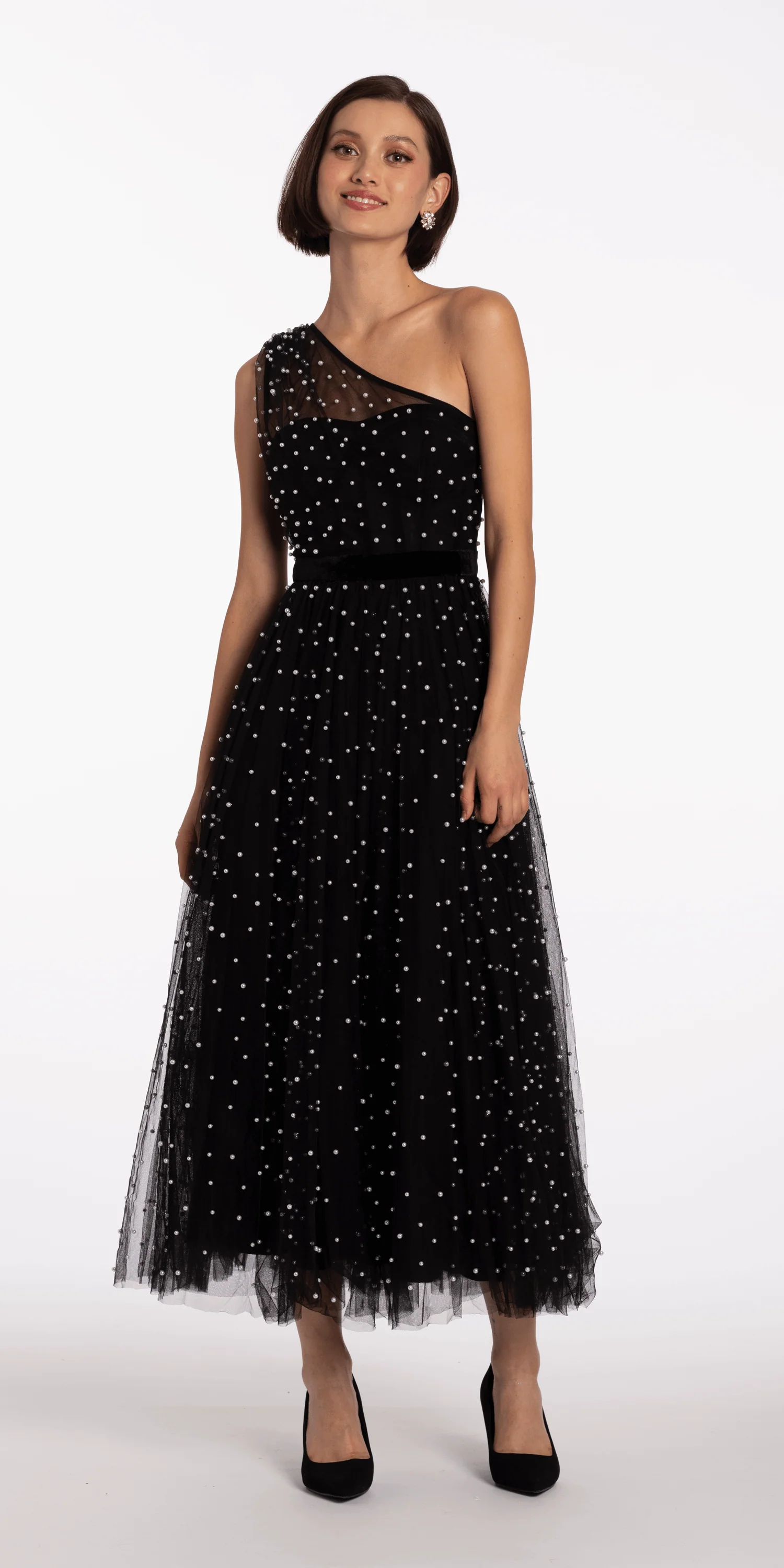One Shoulder Pearl Mesh Tea Length Dress - Image 4