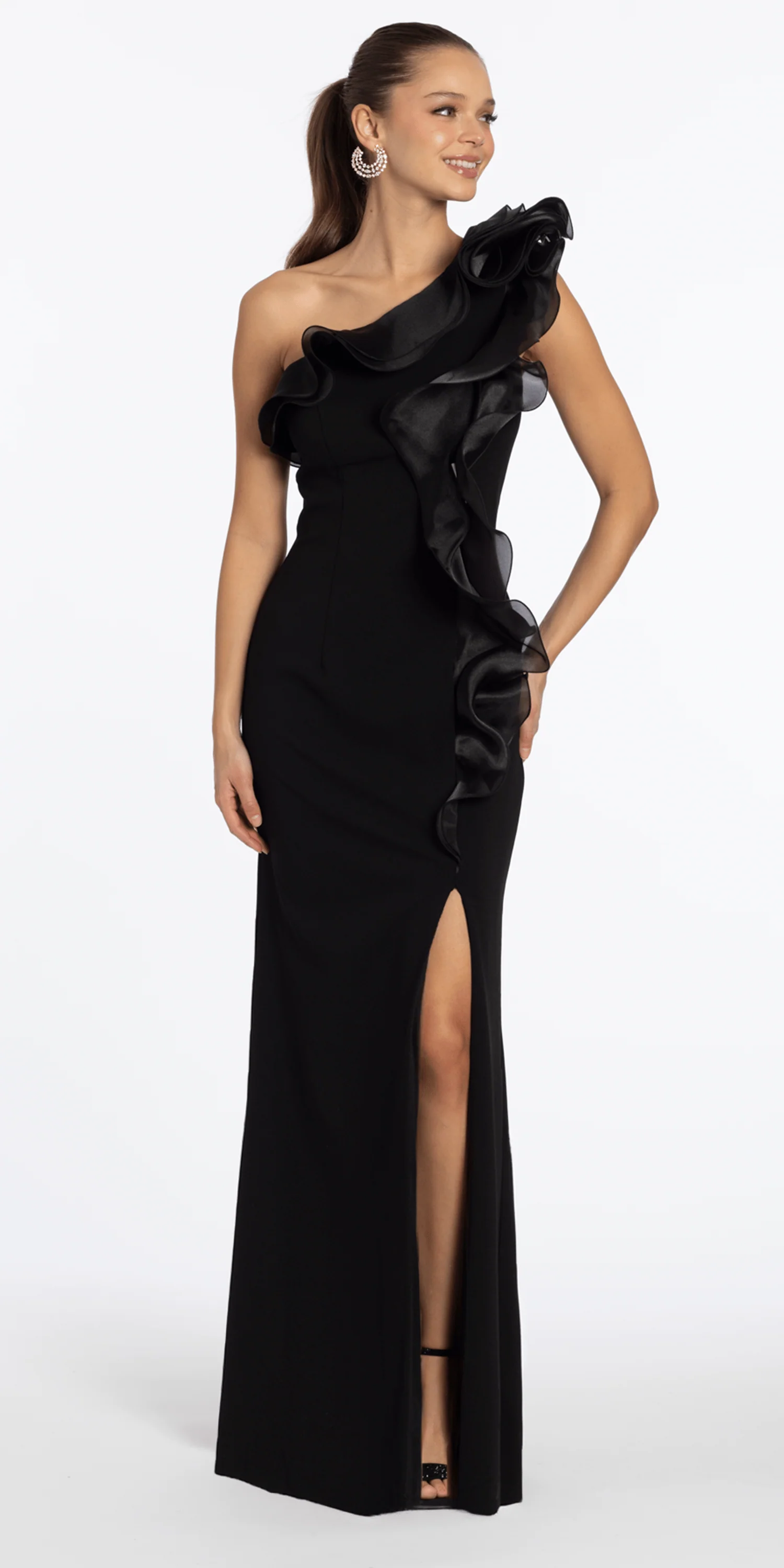 One Shoulder Scuba Column Dress with Organza Ruffle - Image 2