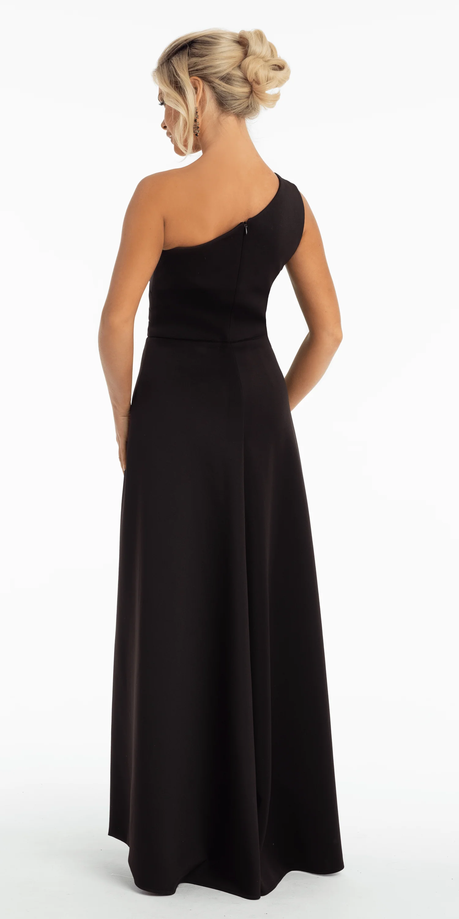 One Shoulder Scuba Column Dress with Overskirt - Image 3