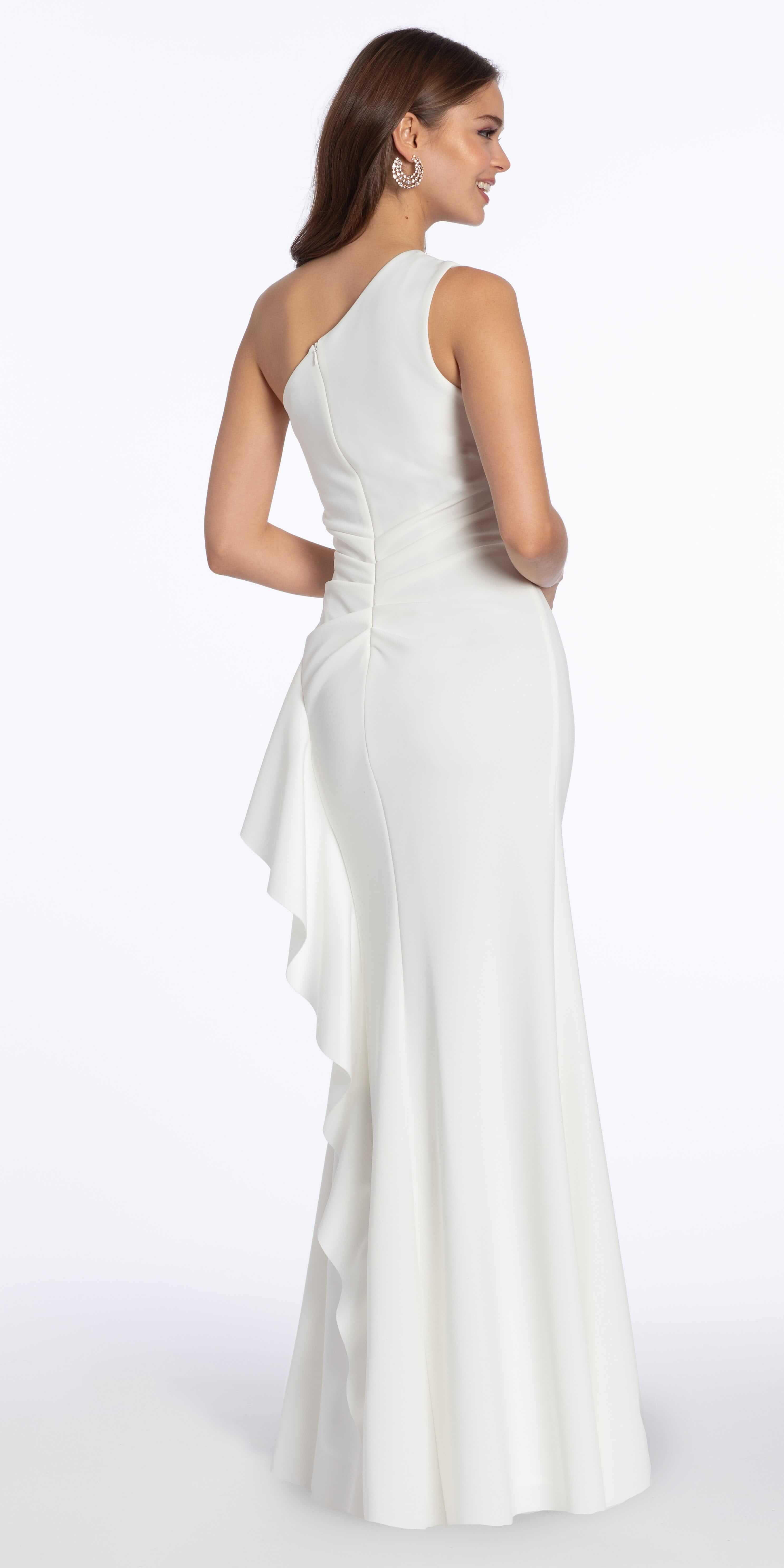 One Shoulder Scuba Trumpet Dress with Side Cascade - Image 13