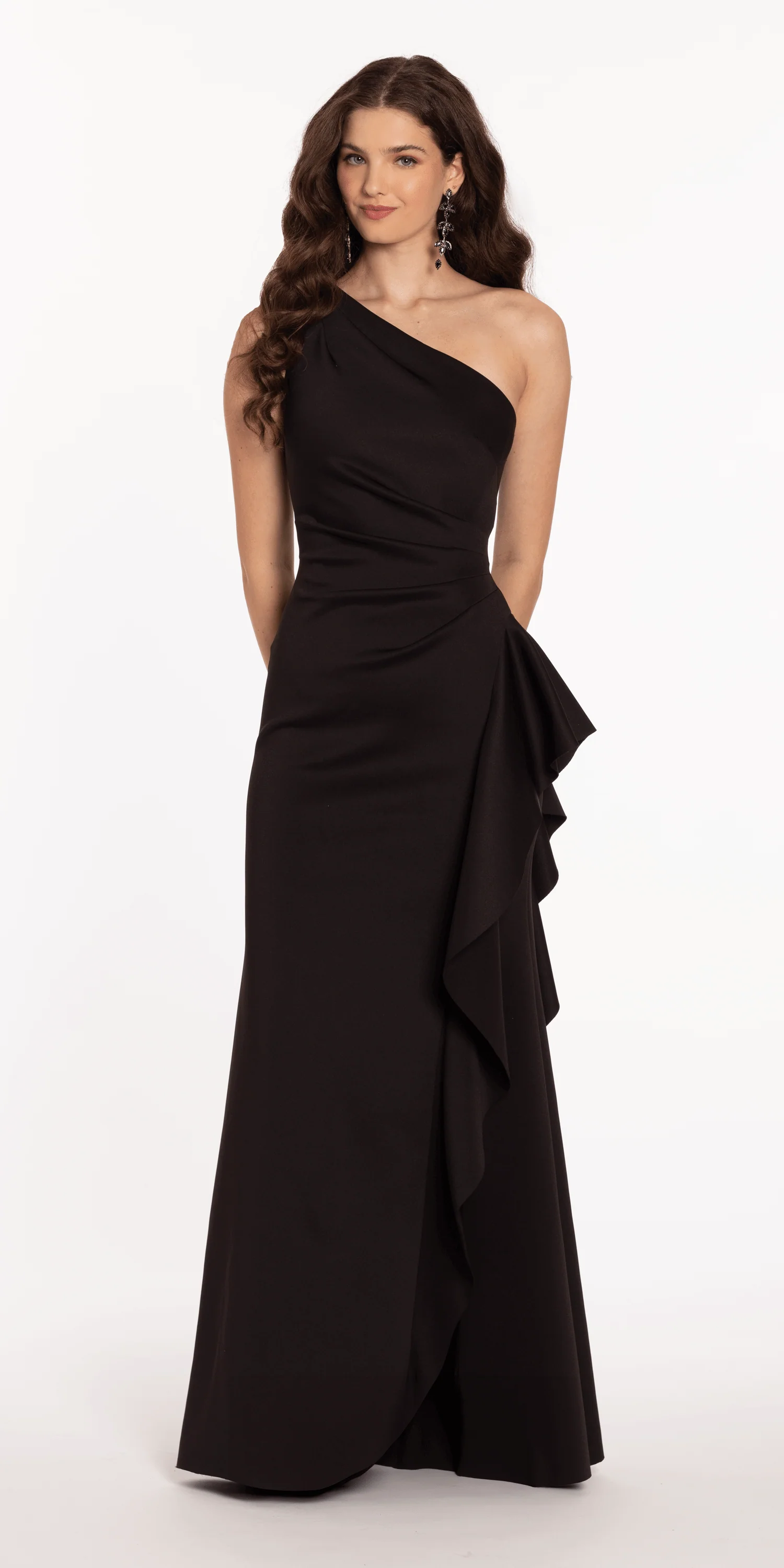 One Shoulder Scuba Trumpet Dress with Side Cascade - Image 6