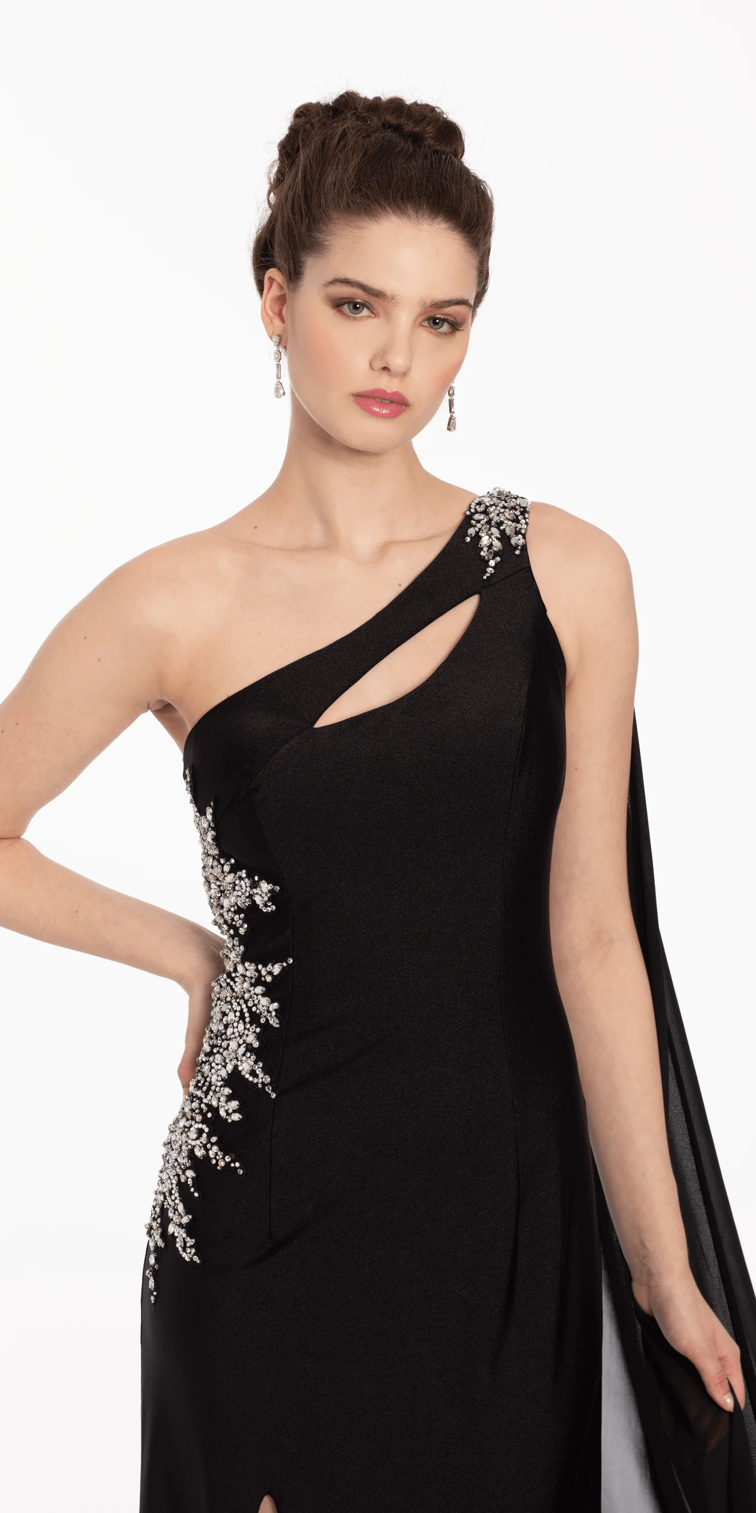 One Shoulder Side Cascade Dress with Rhinestone Detail - Image 3
