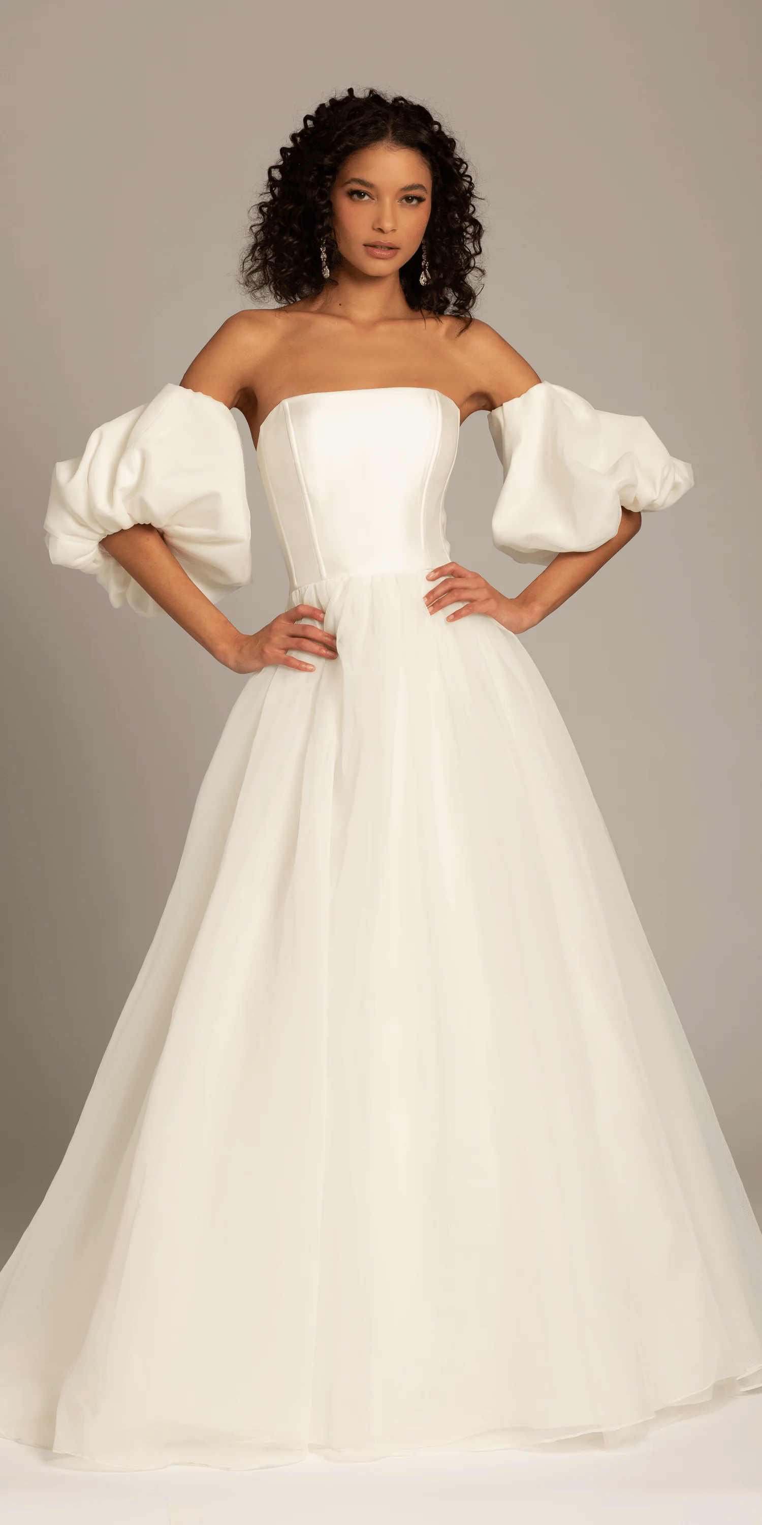 Organza Lace Up Back Ballgown with Detachable Sleeves - Image 4