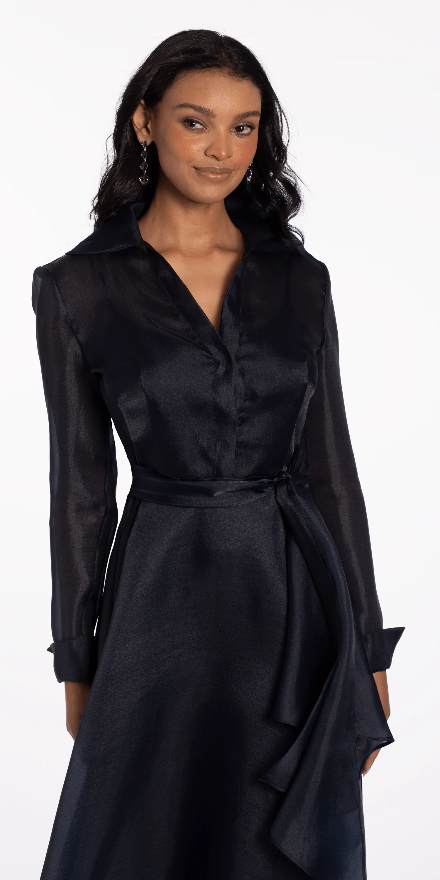 Organza Long Sleeve V Neck A Line Dress with Bow - Image 3