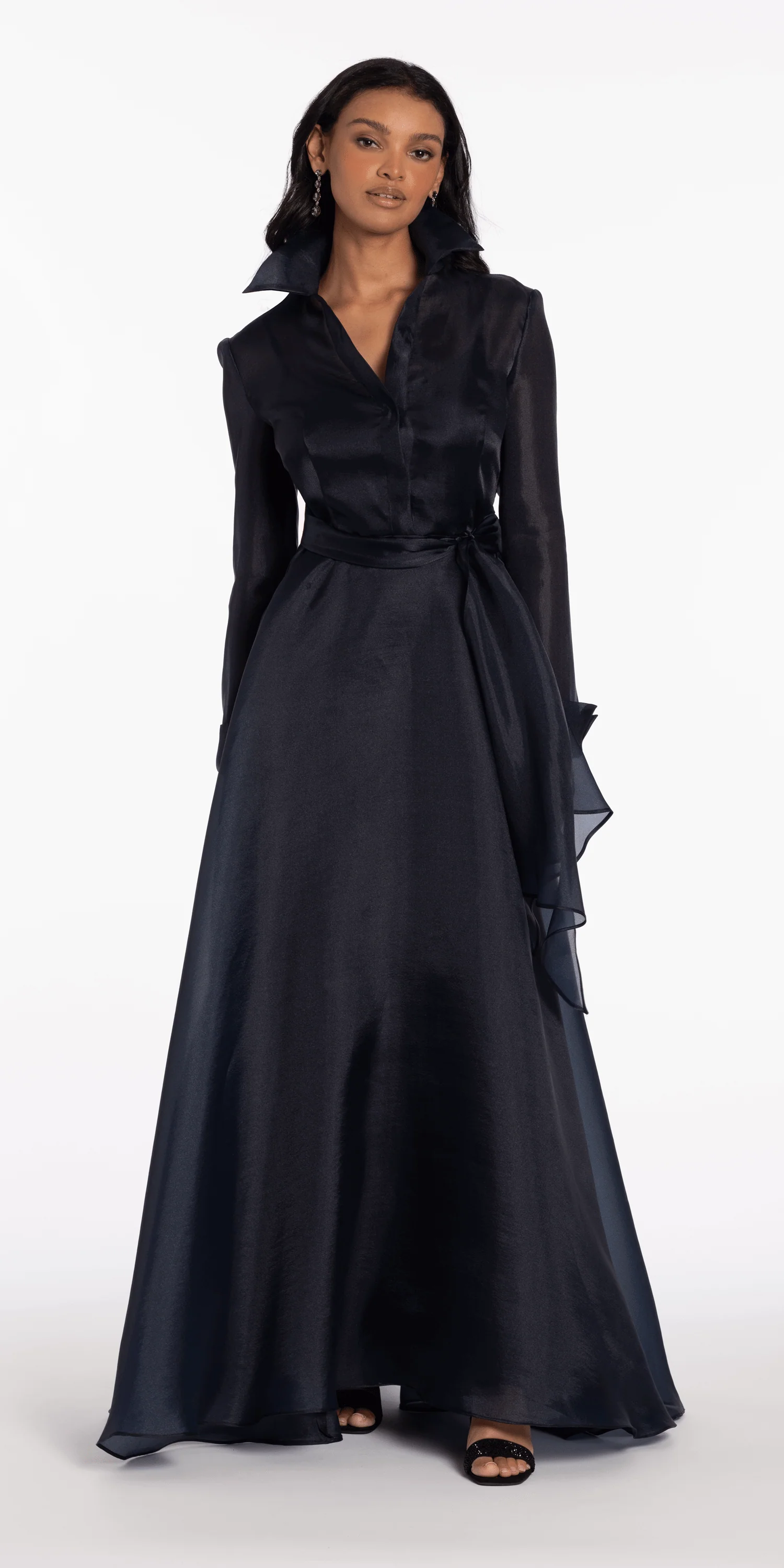 Organza Long Sleeve V Neck A Line Dress with Bow - Image 4
