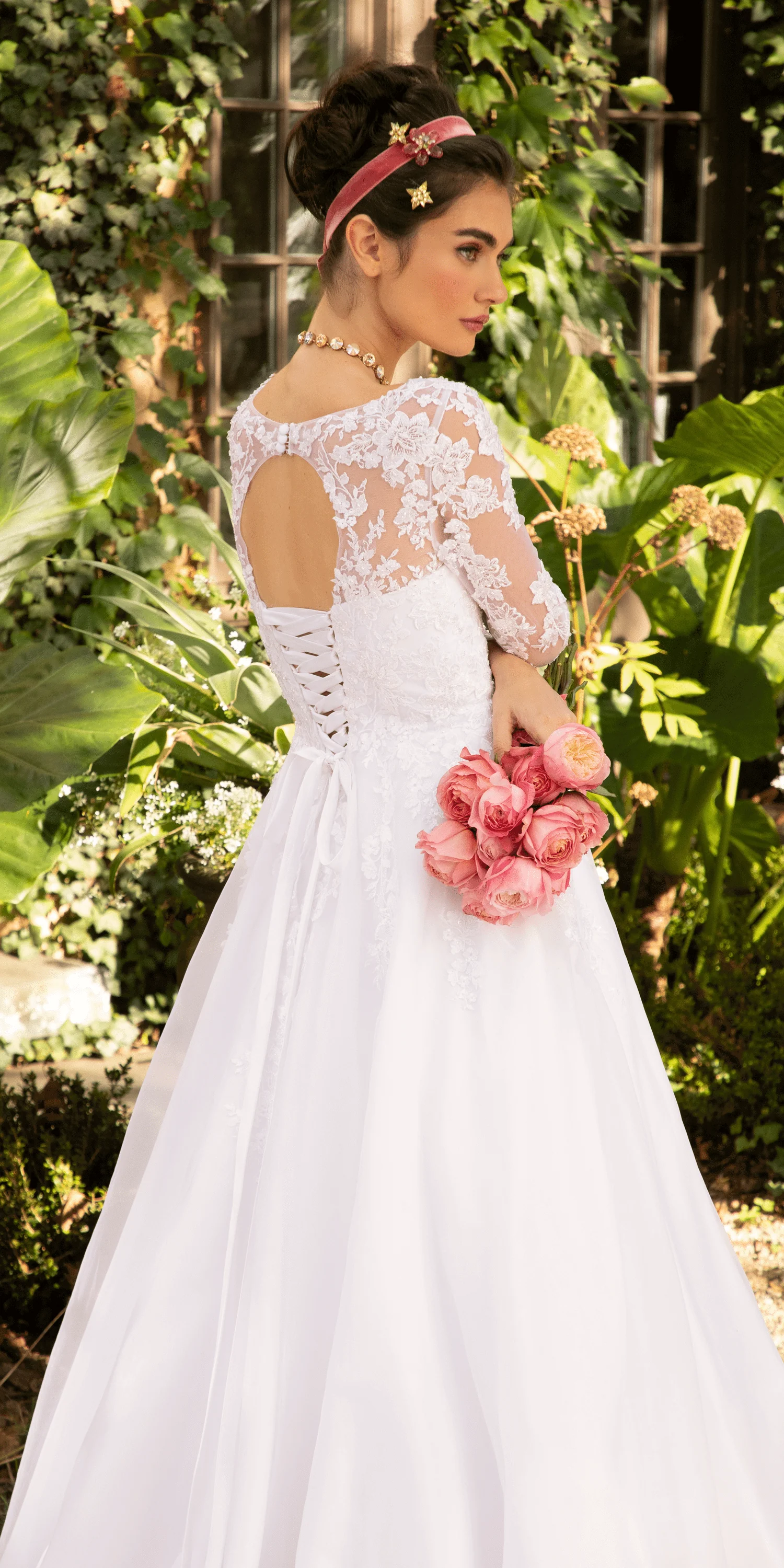 Organza V Neck Long Sleeve Lace Up Back Ballgown with Embellished Appliques - Image 4
