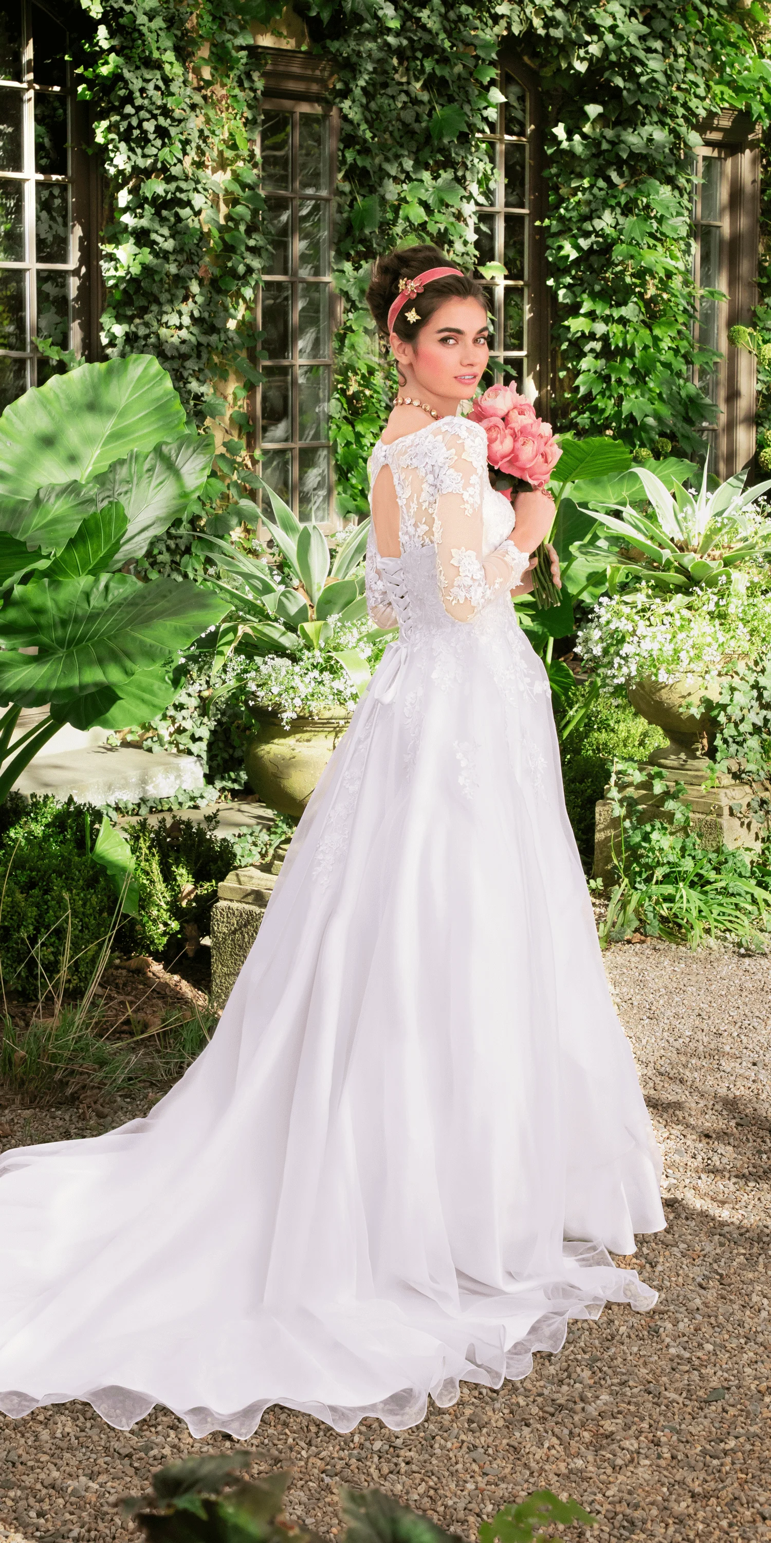 Organza V Neck Long Sleeve Lace Up Back Ballgown with Embellished Appliques - Image 5