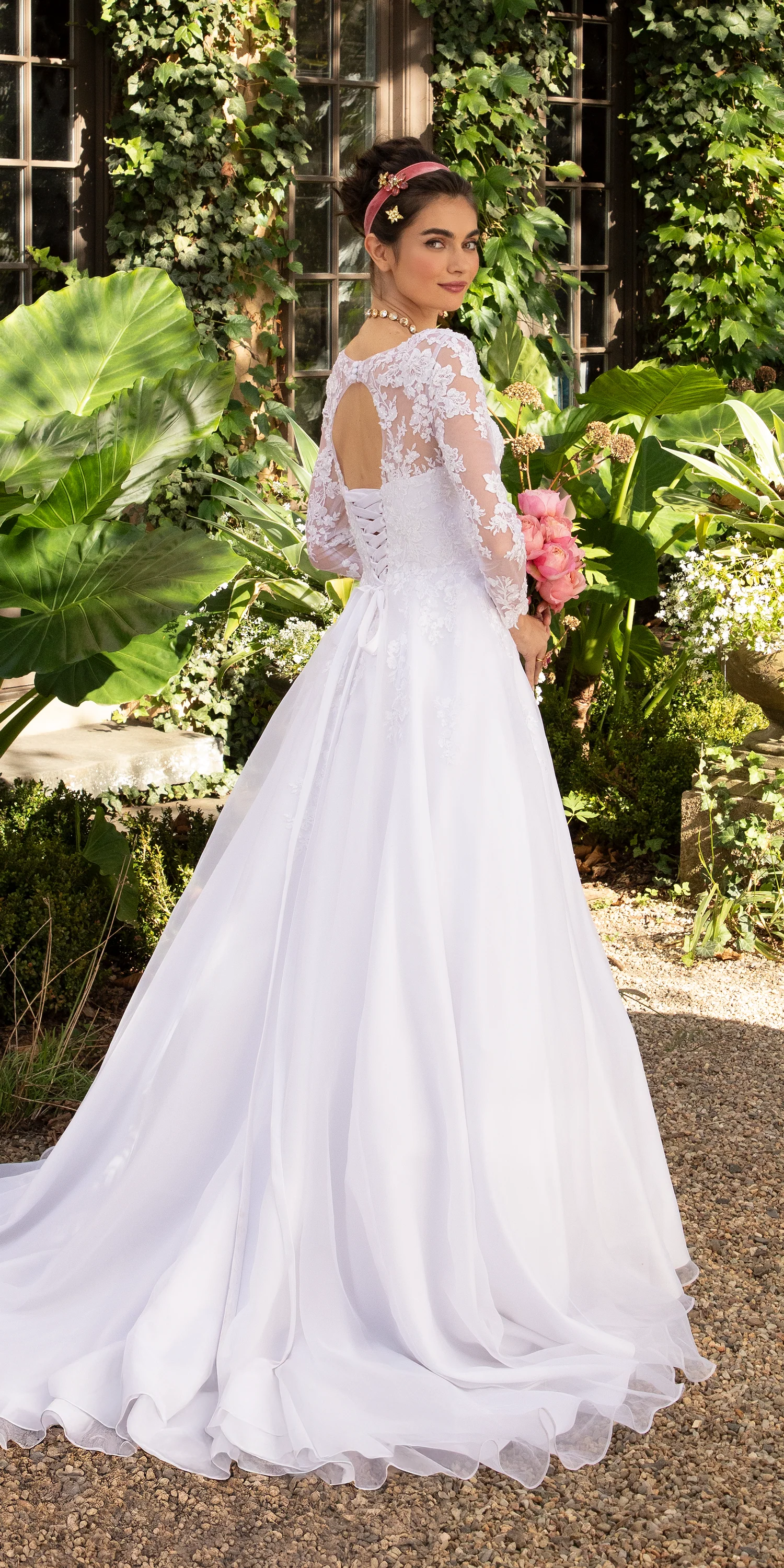 Organza V Neck Long Sleeve Lace Up Back Ballgown with Embellished Appliques - Image 6