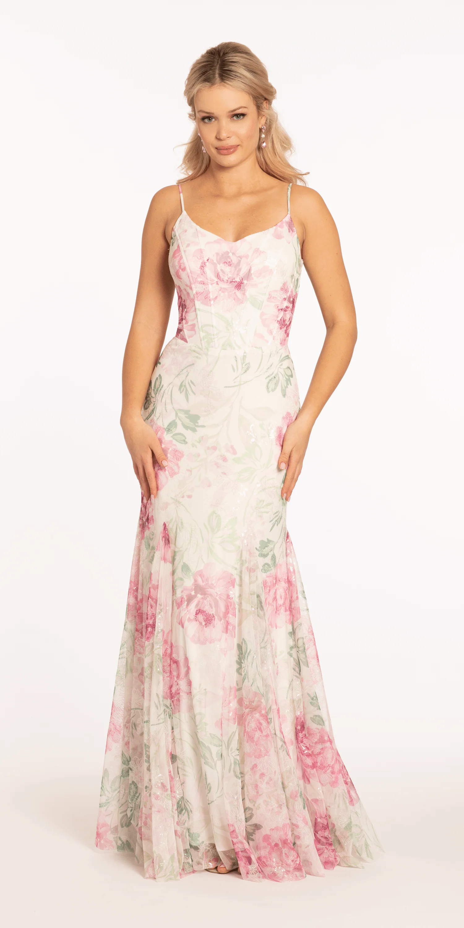 Pastel Floral V Neck Corset Mesh Trumpet Dress with Mesh Godets - Image 3