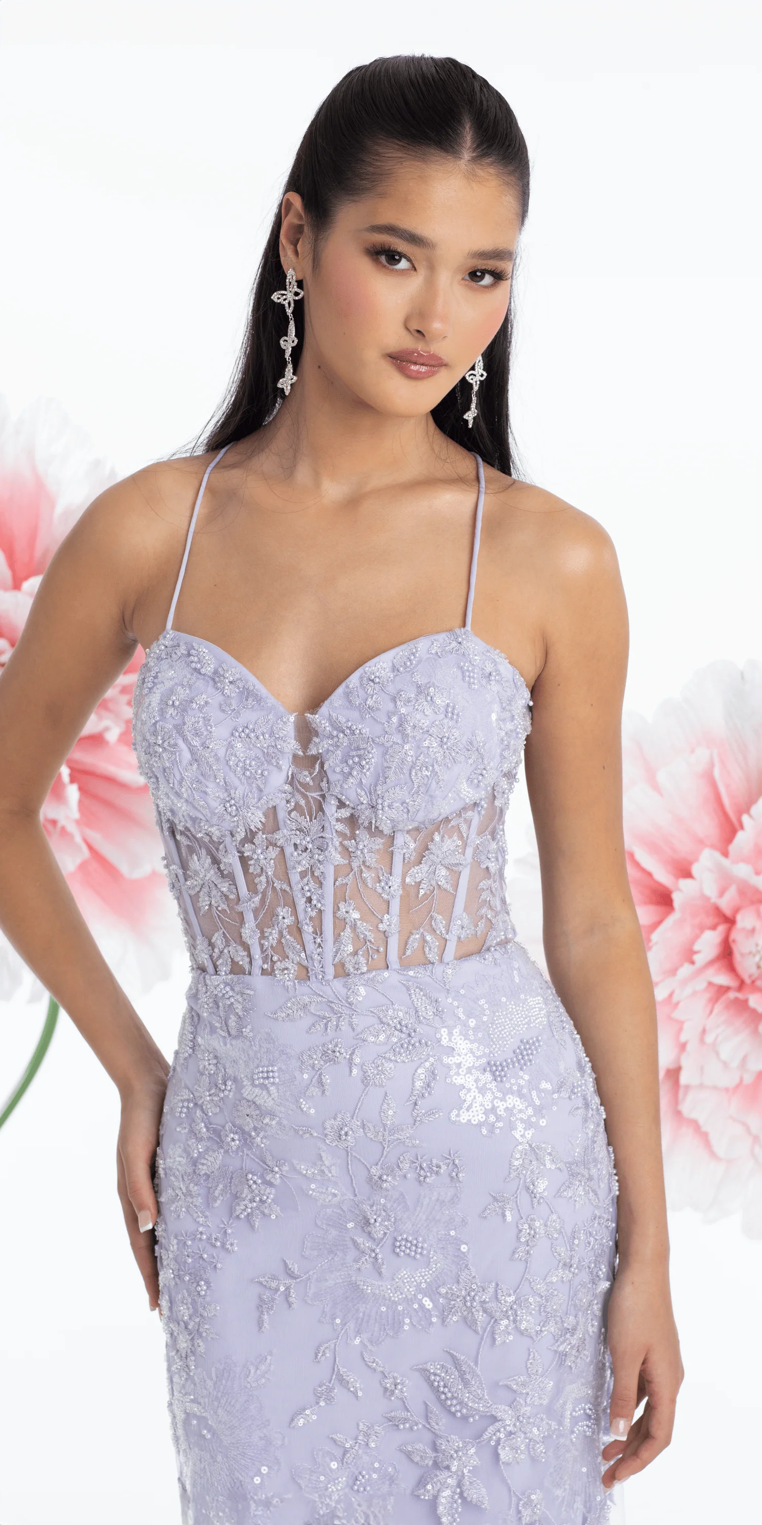 Pearl Accent Floral Embroidered Mesh Corset Mermaid Dress - Image 2