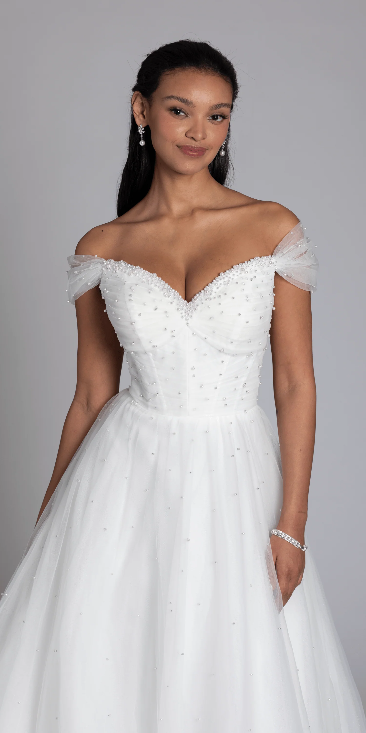 Pearl Sweetheart Pleated Off the Shoulder Corset Tulle Ballgown - Image 3