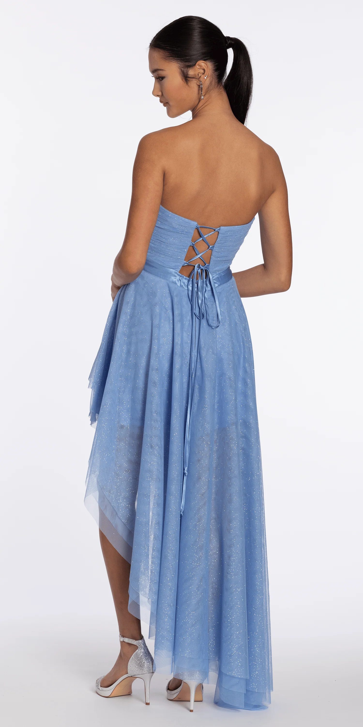 Pleated Glitter Mesh Strapless Dress with Asymmetrical Hem - Image 4