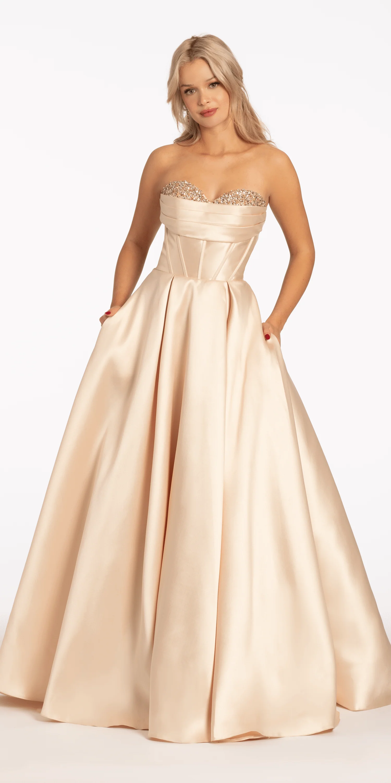 Pleated Mikado Beaded Ballgown with Pockets - Image 3