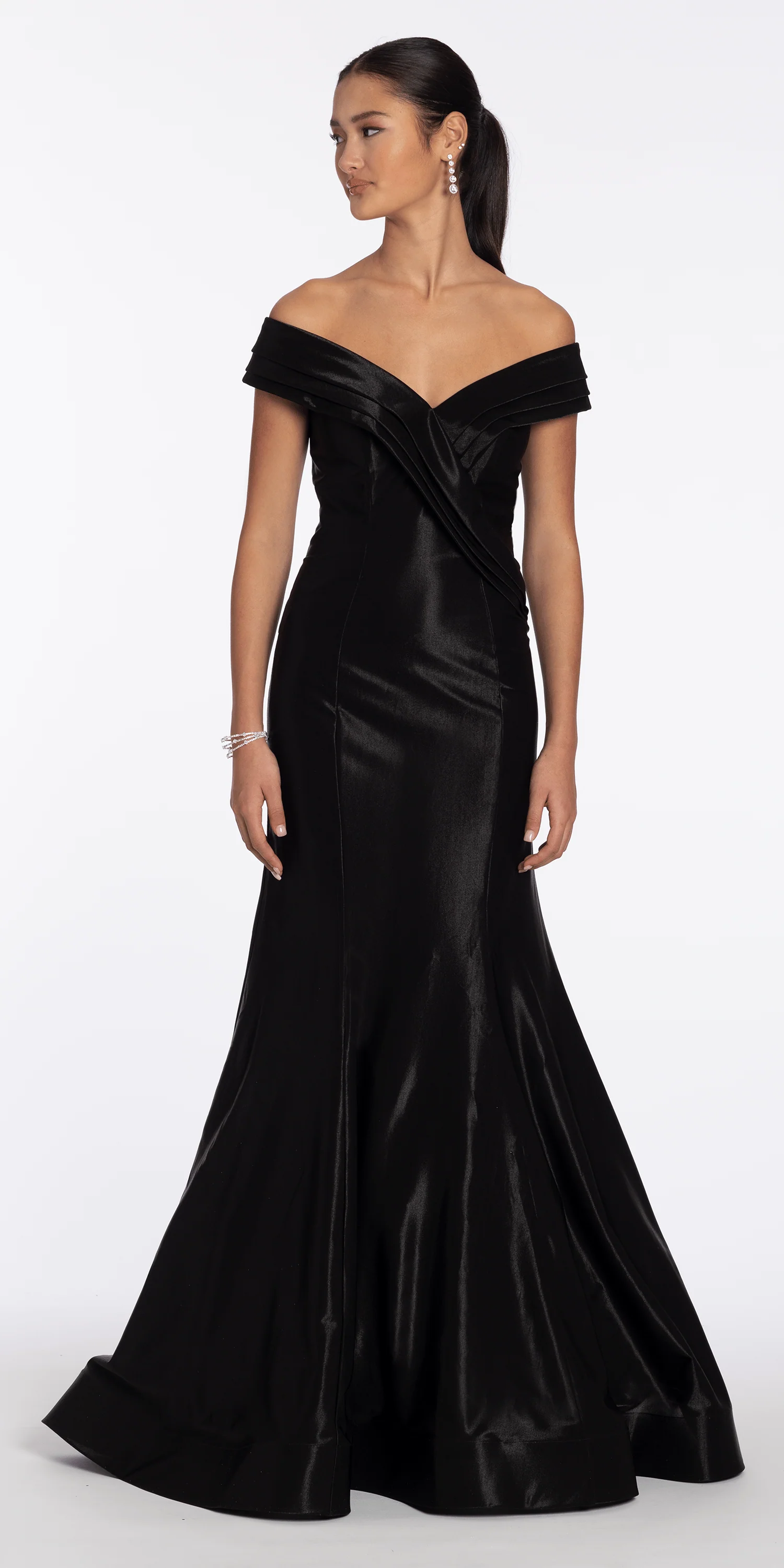 Pleated Off the Shoulder Sateen Trumpet Dress with Sweep Train - Image 3