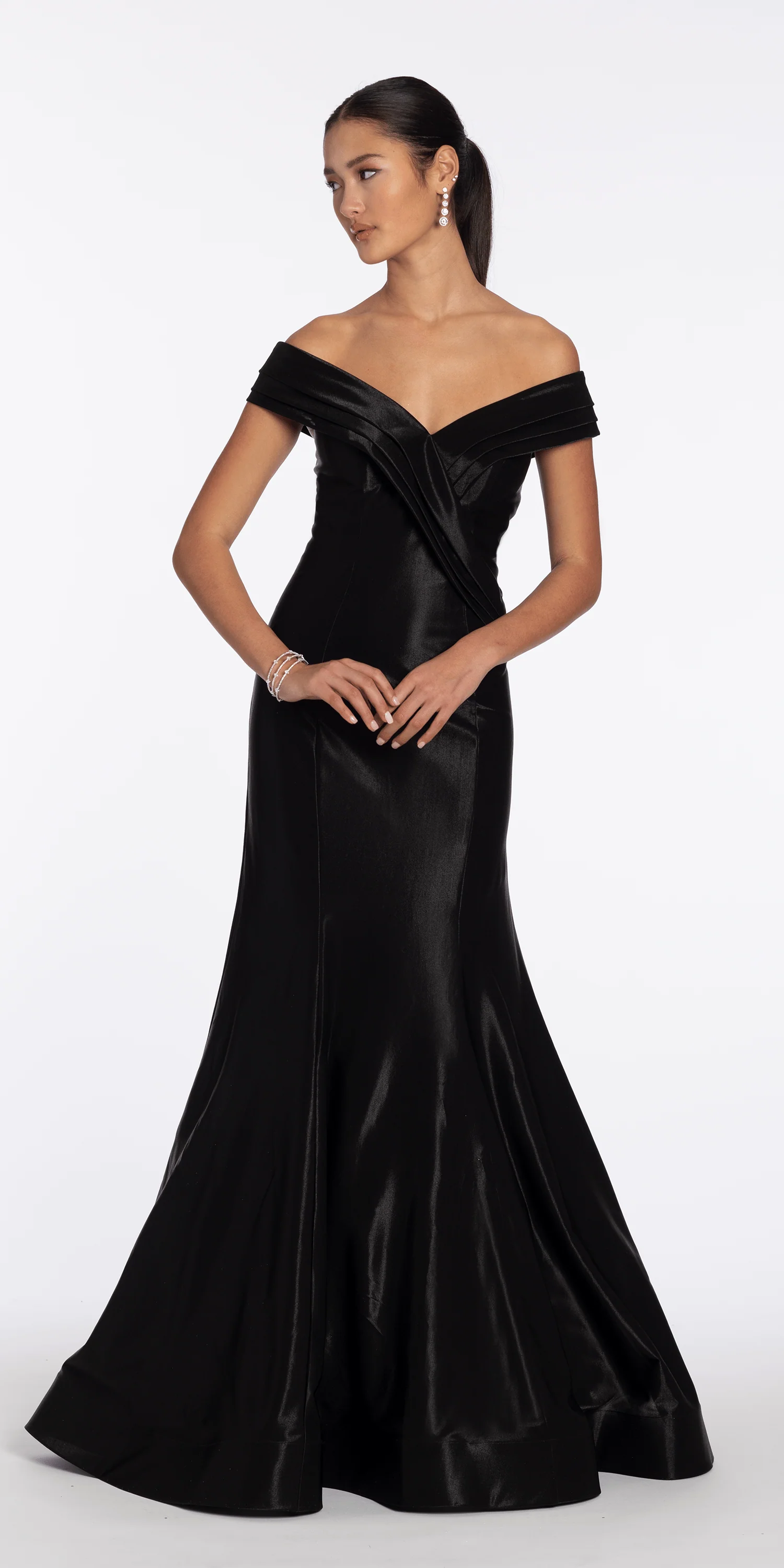 Pleated Off the Shoulder Sateen Trumpet Dress with Sweep Train - Image 4