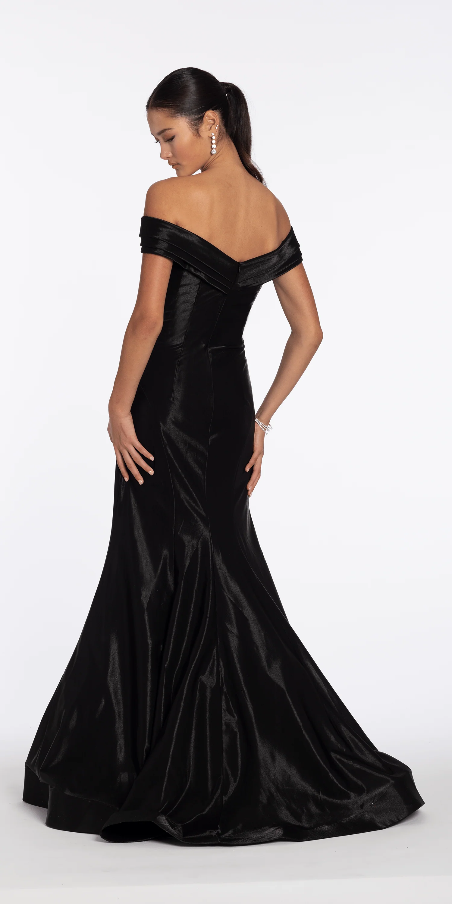 Pleated Off the Shoulder Sateen Trumpet Dress with Sweep Train - Image 5