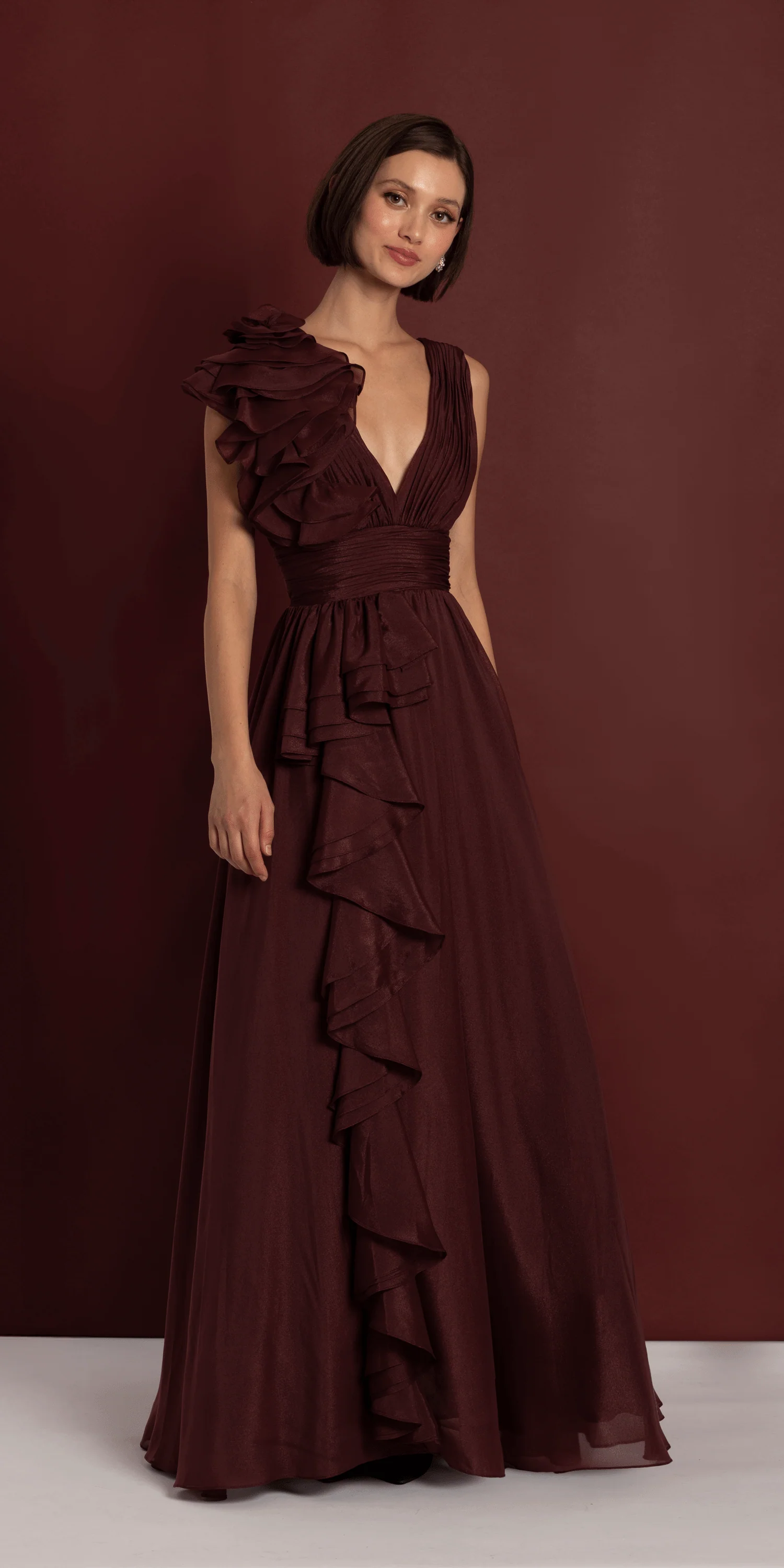 Pleated Organza V Neck Ballgown with 3D Ruffle - Image 3
