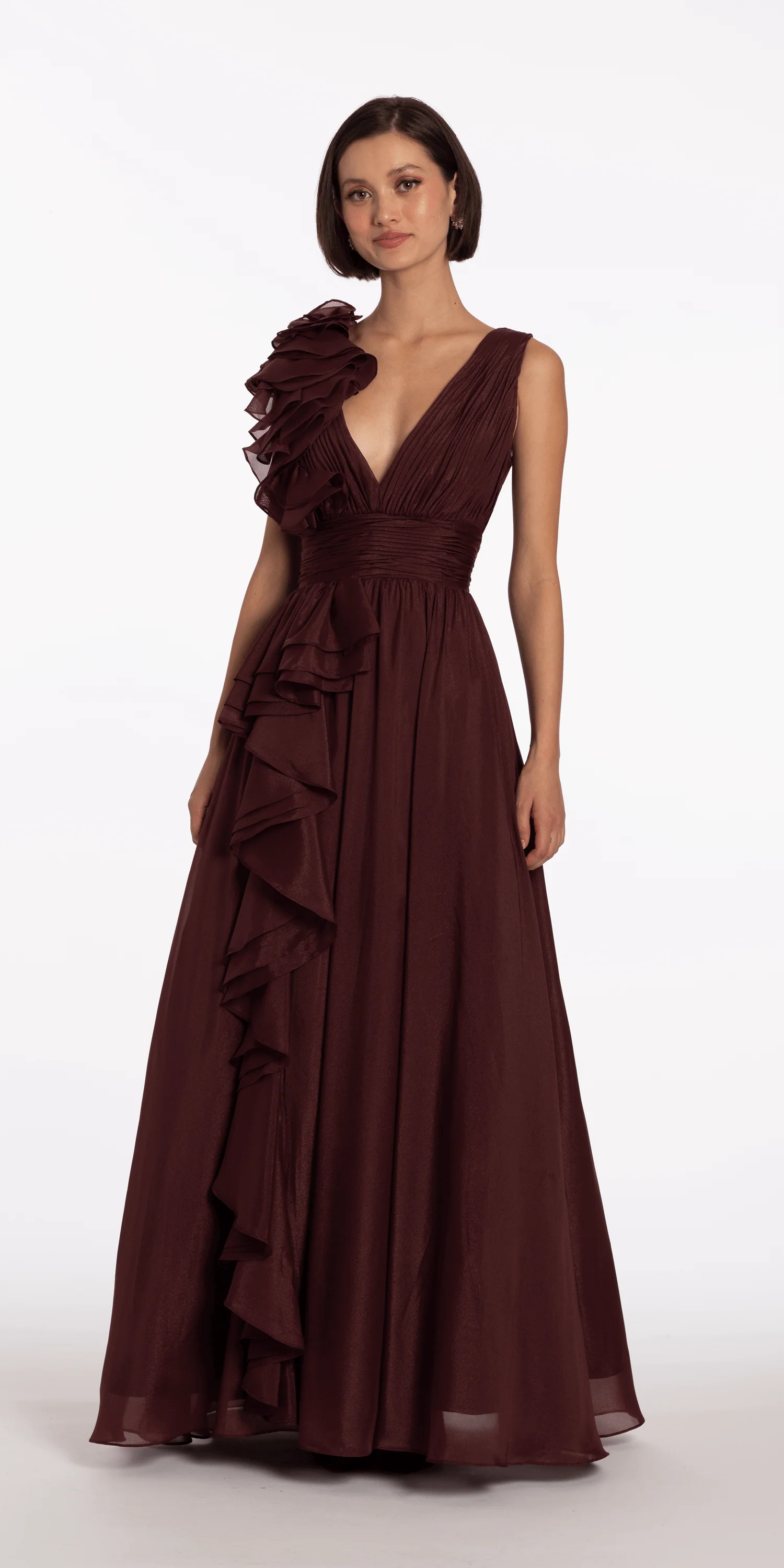 Pleated Organza V Neck Ballgown with 3D Ruffle - Image 5