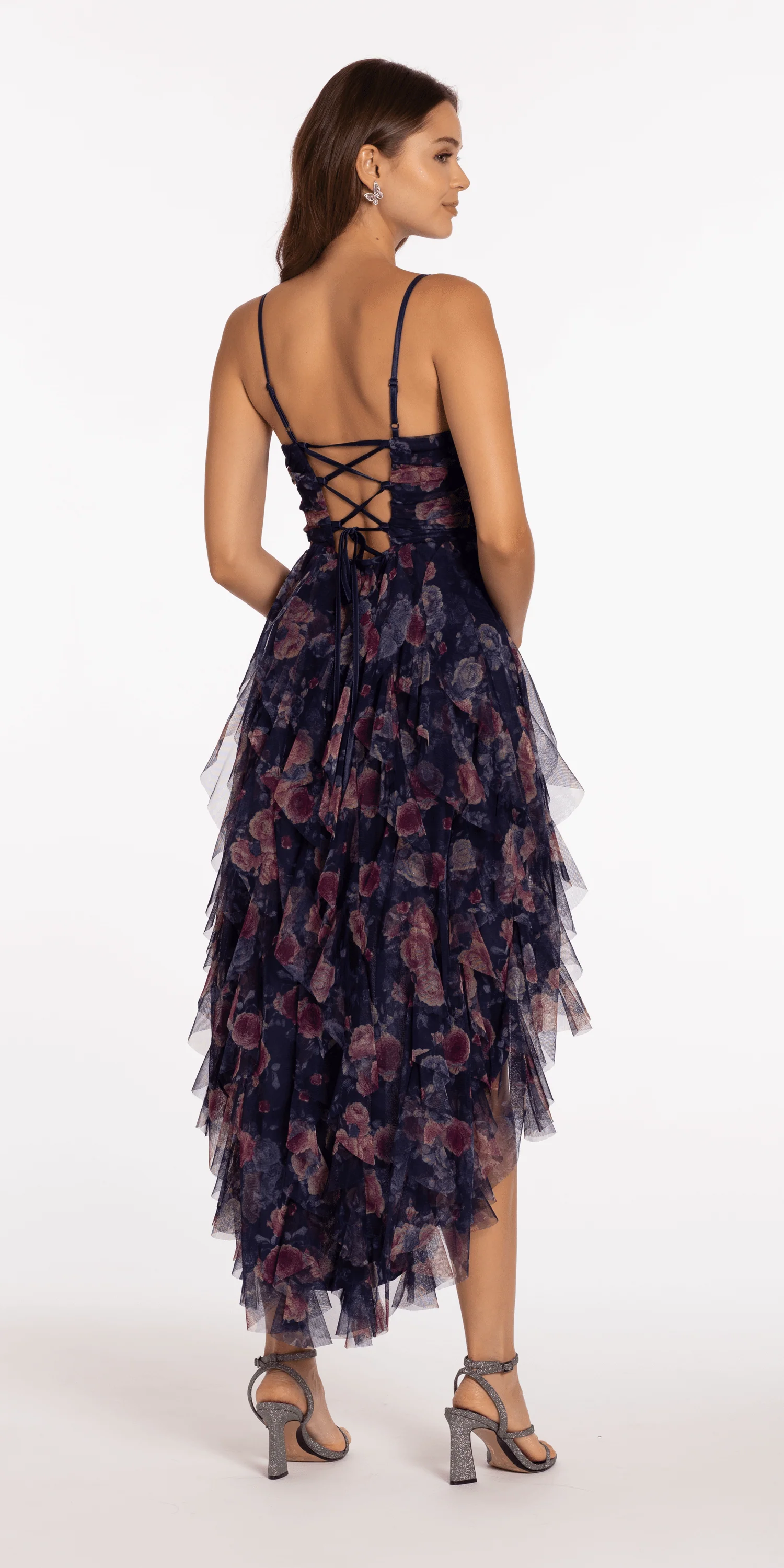 Pleated Print Mesh High Low Dress with Tendrils - Image 5