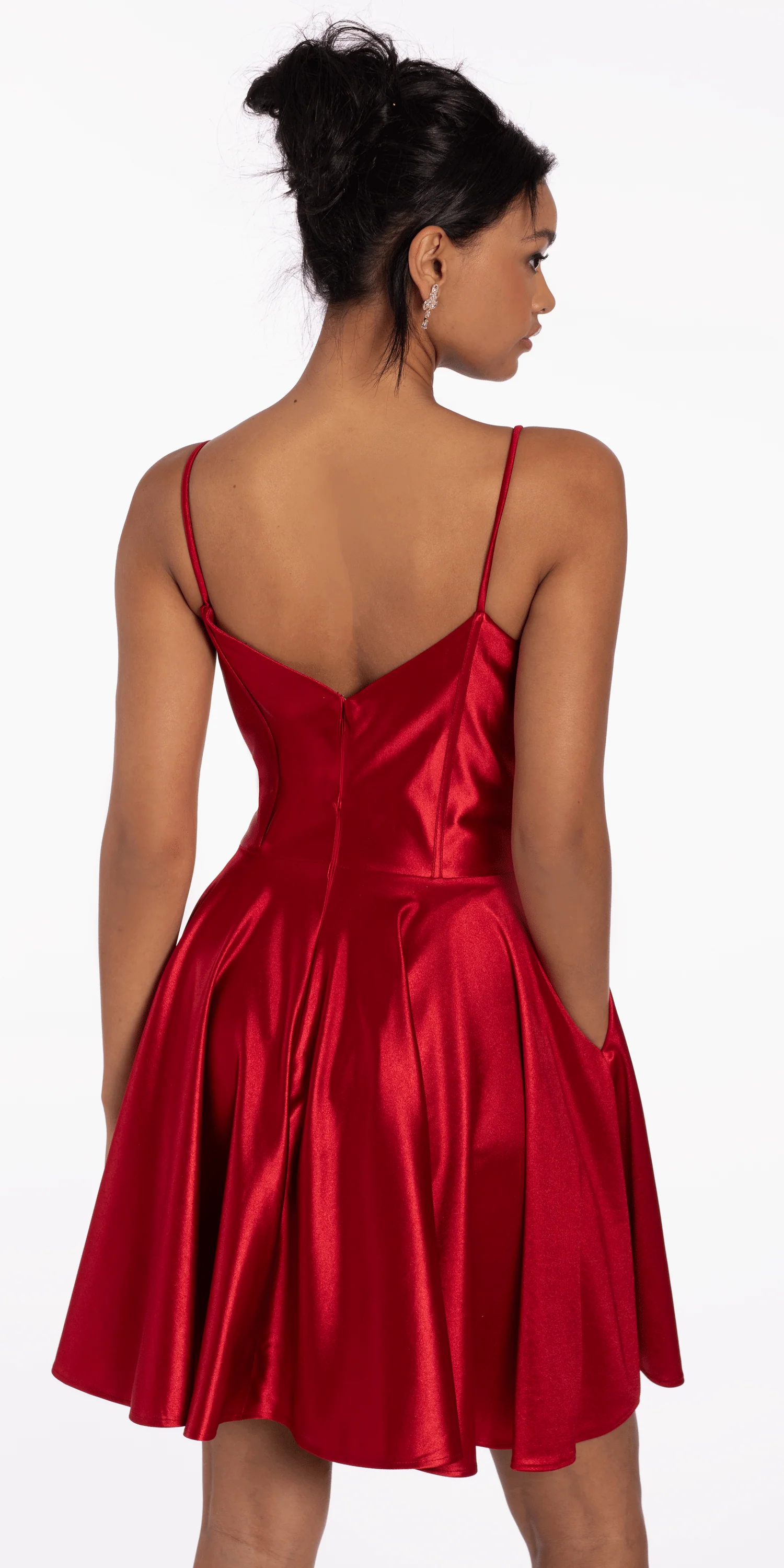 Pleated Shimmer Satin Corset Skater Dress with Pockets - Image 4