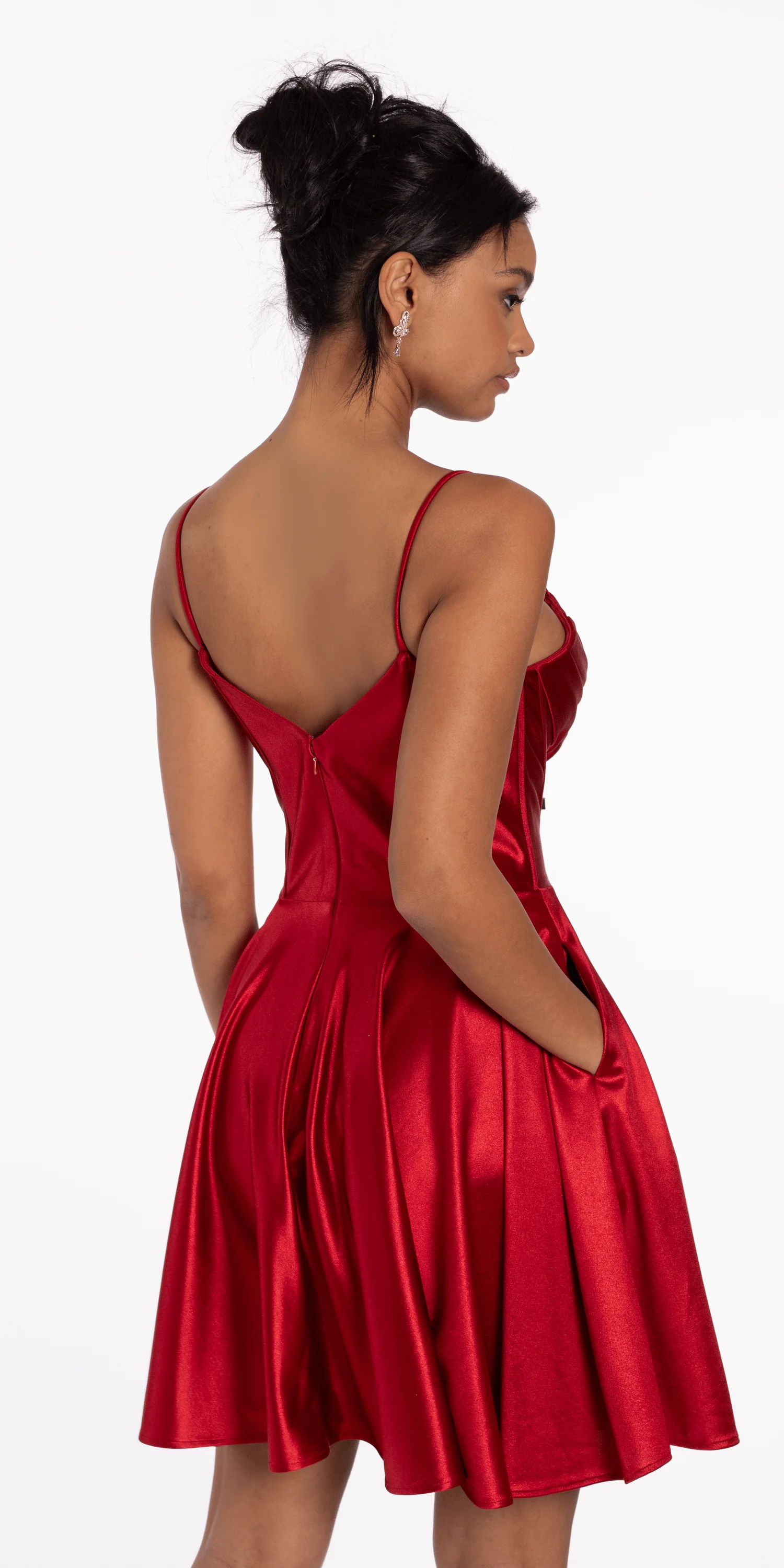 Pleated Shimmer Satin Corset Skater Dress with Pockets - Image 5