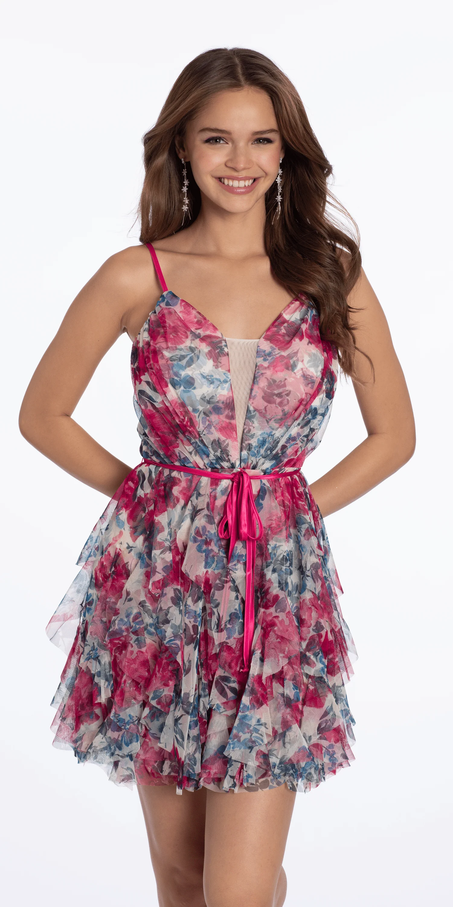 Plunging Floral Tiered Fit and Flare Dress with Satin Tie - Image 4