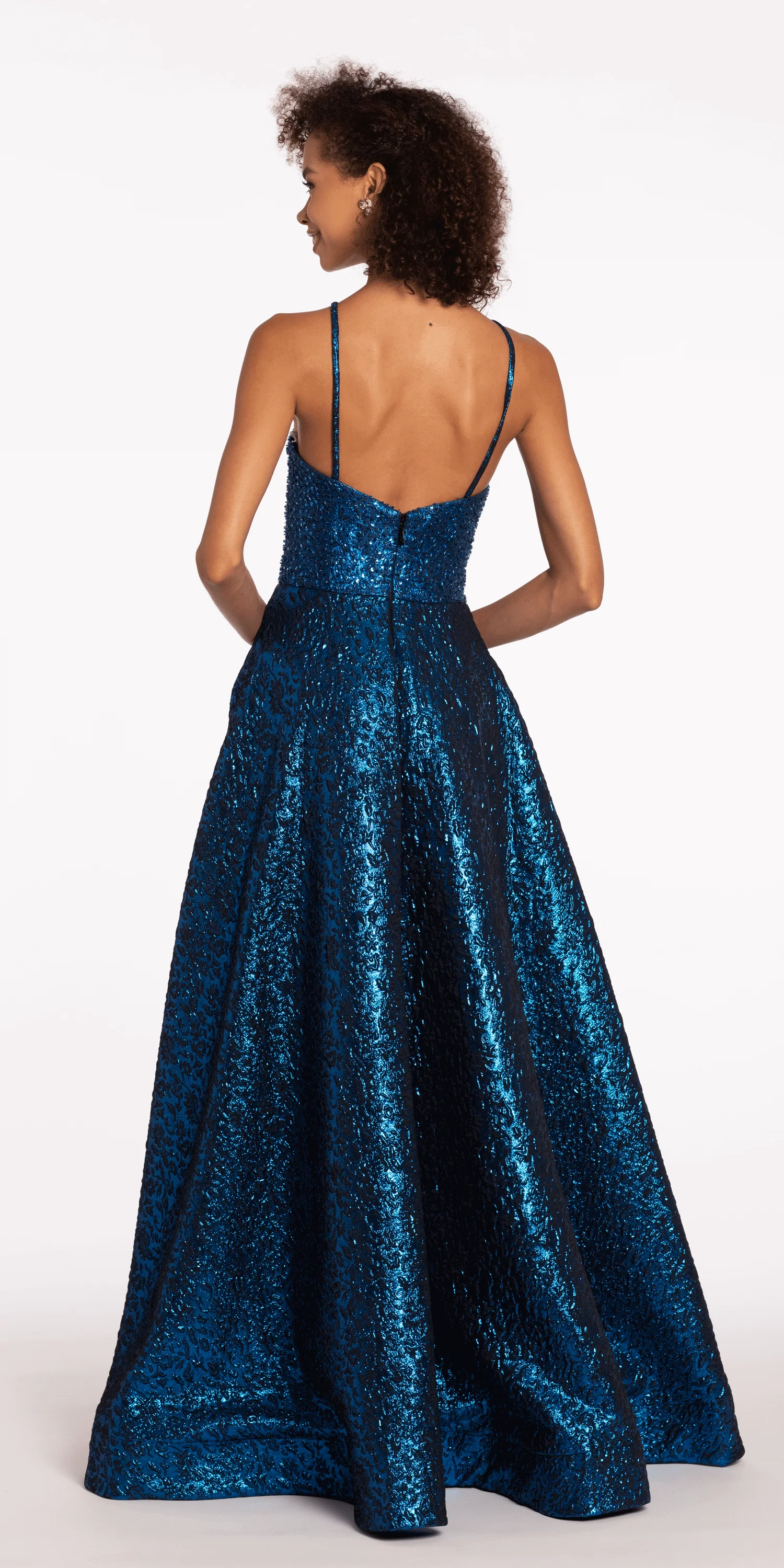 Plunging Metallic Beaded Jacquard Ballgown with Pockets - Image 4