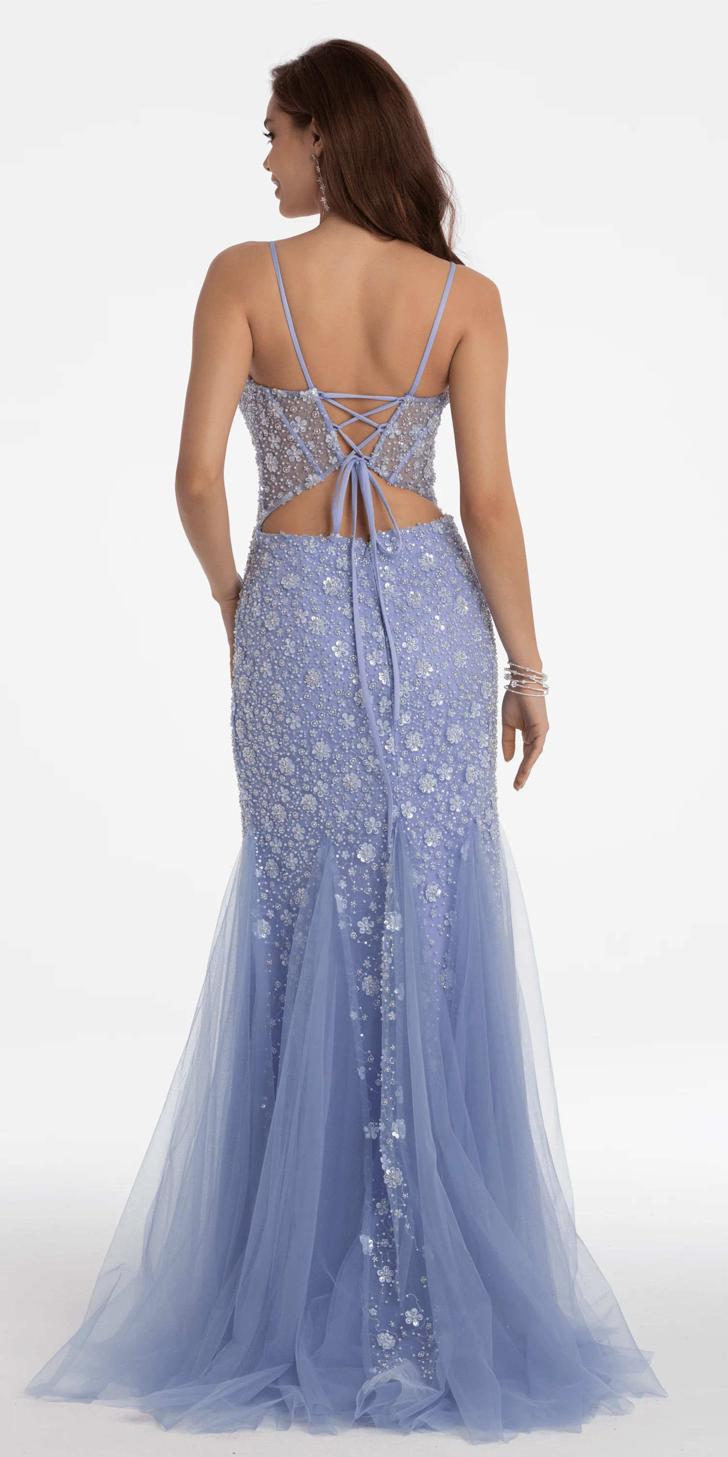 Plunging Pearl Corset Embellished Keyhole Back Dress - Image 4