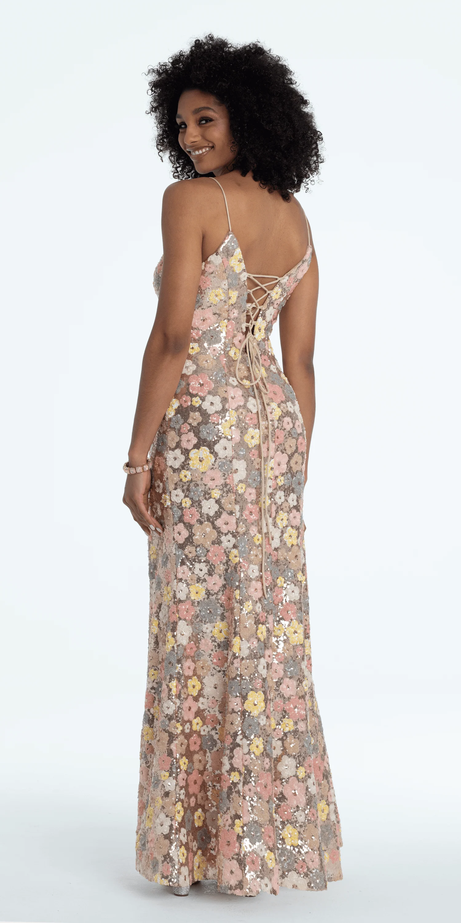 Plunging Sequin Daisy Lace Up Back Trumpet Dress - Image 5