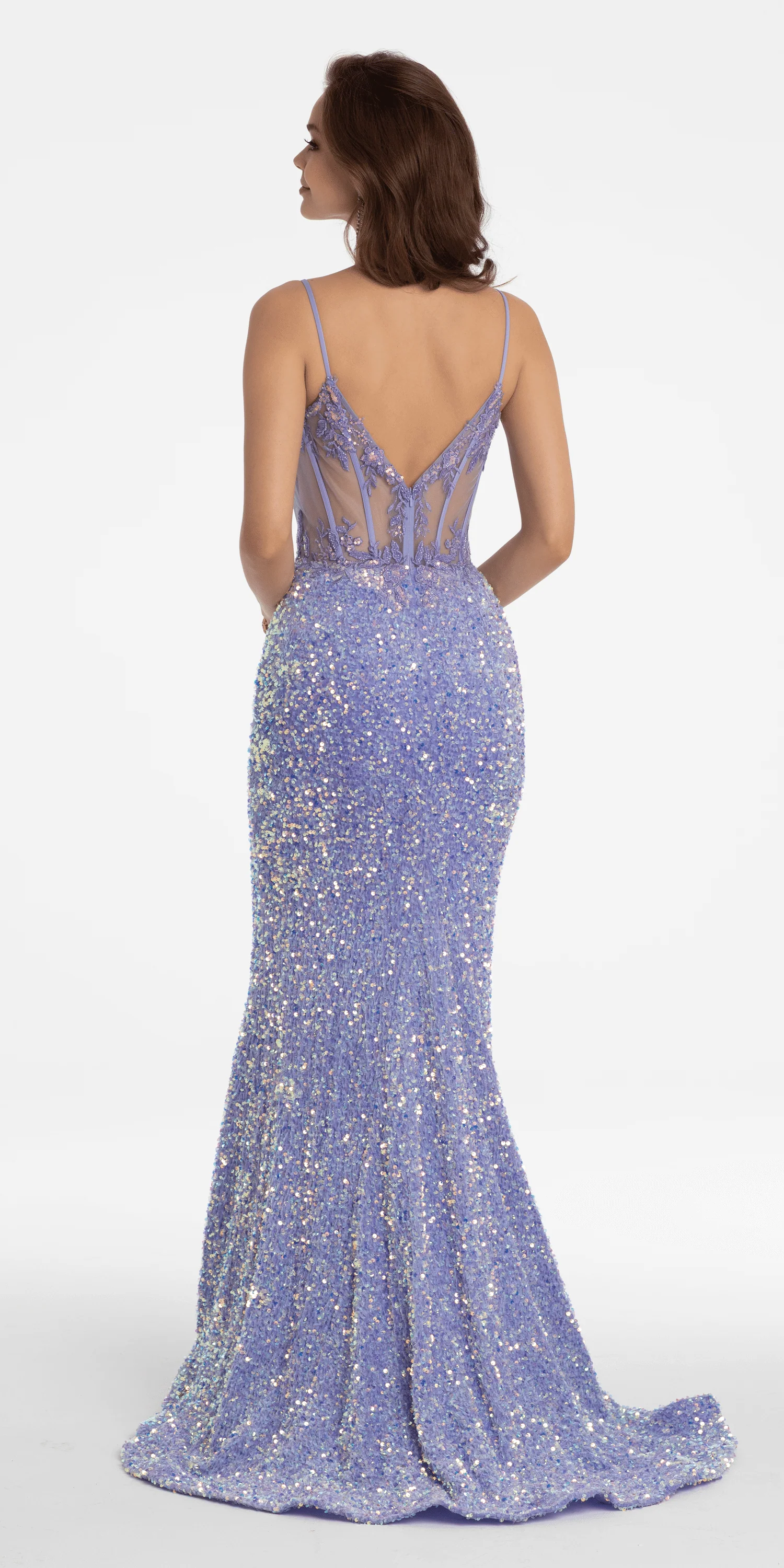 Plunging Sequin Velvet Corset Column Dress with Side Slit - Image 5