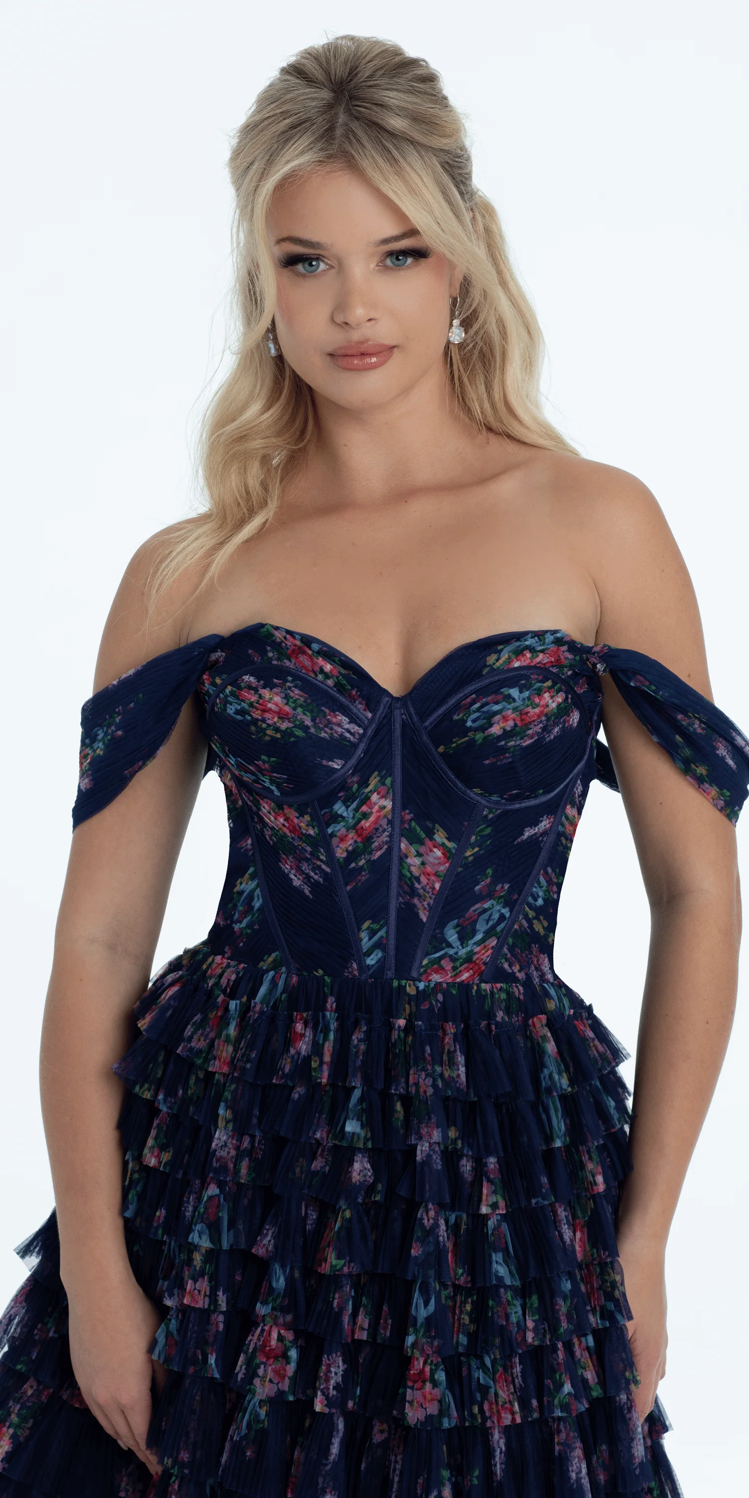 Print Mesh Off the Shoulder Tiered Corset Ballgown - Image 2