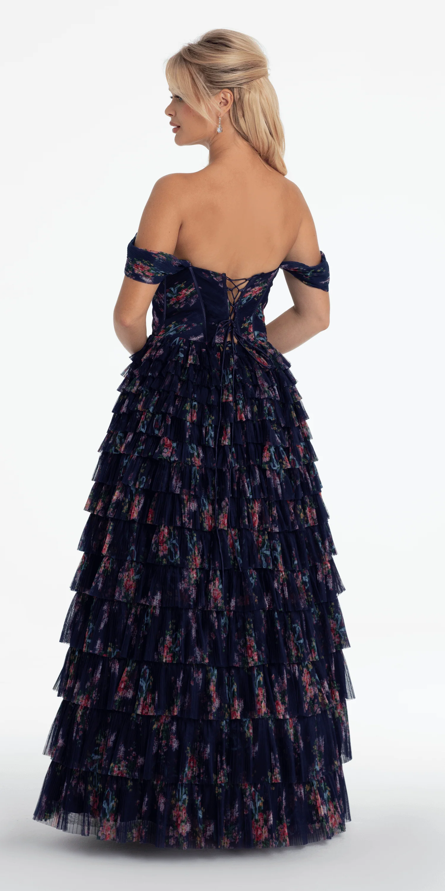Print Mesh Off the Shoulder Tiered Corset Ballgown - Image 4