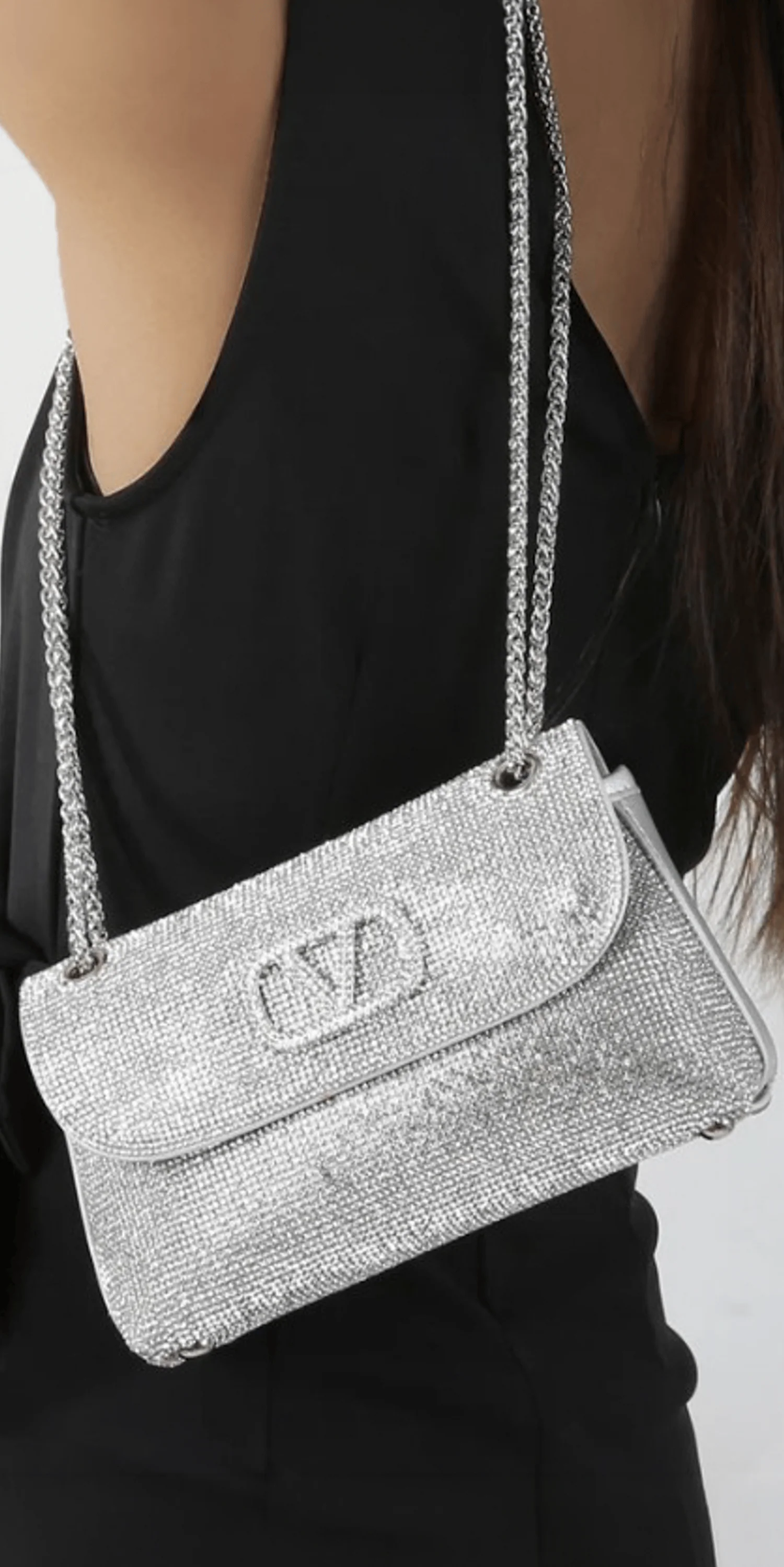 Rhinestone-1/2 Flap Handbag with Chain Link Strap - Image 2