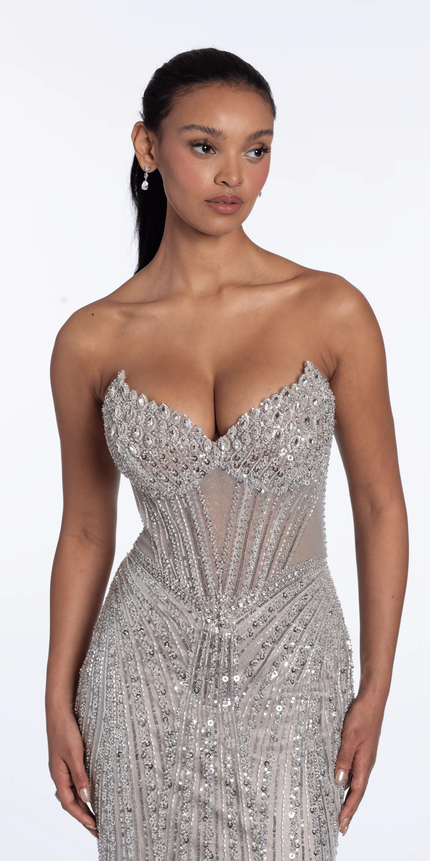 Rhinestone Beaded Illusion Strapless Corset Column Dress - Image 2