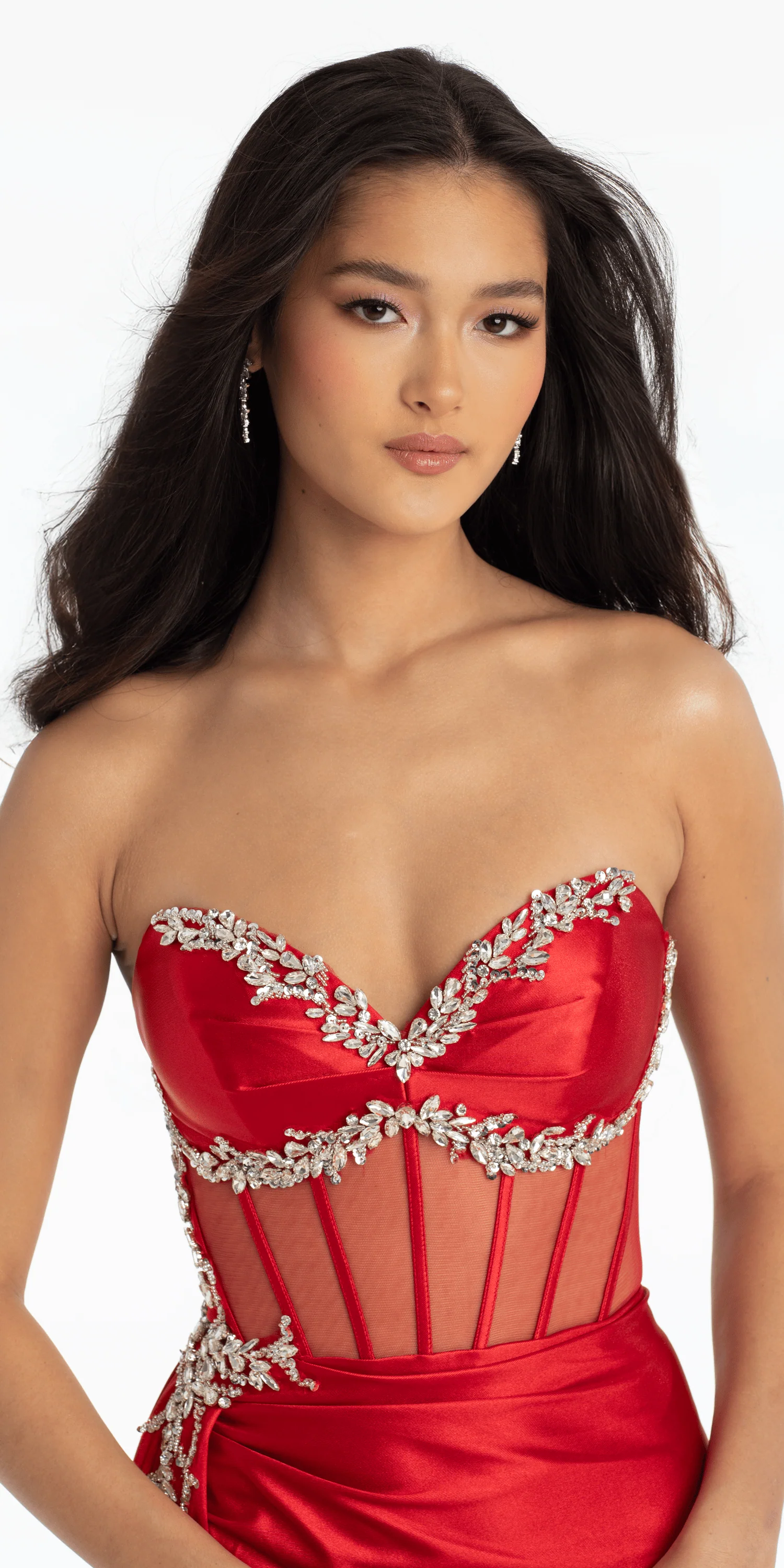 Rhinestone Satin Mock Two Piece Corset Column Dress with Side Train - Image 2