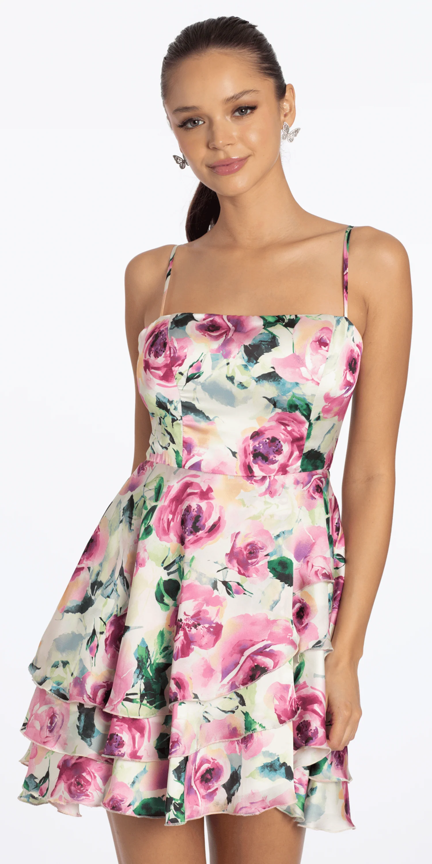 Rose Print Satin Tiered Tie Back Skater Dress - Image 4