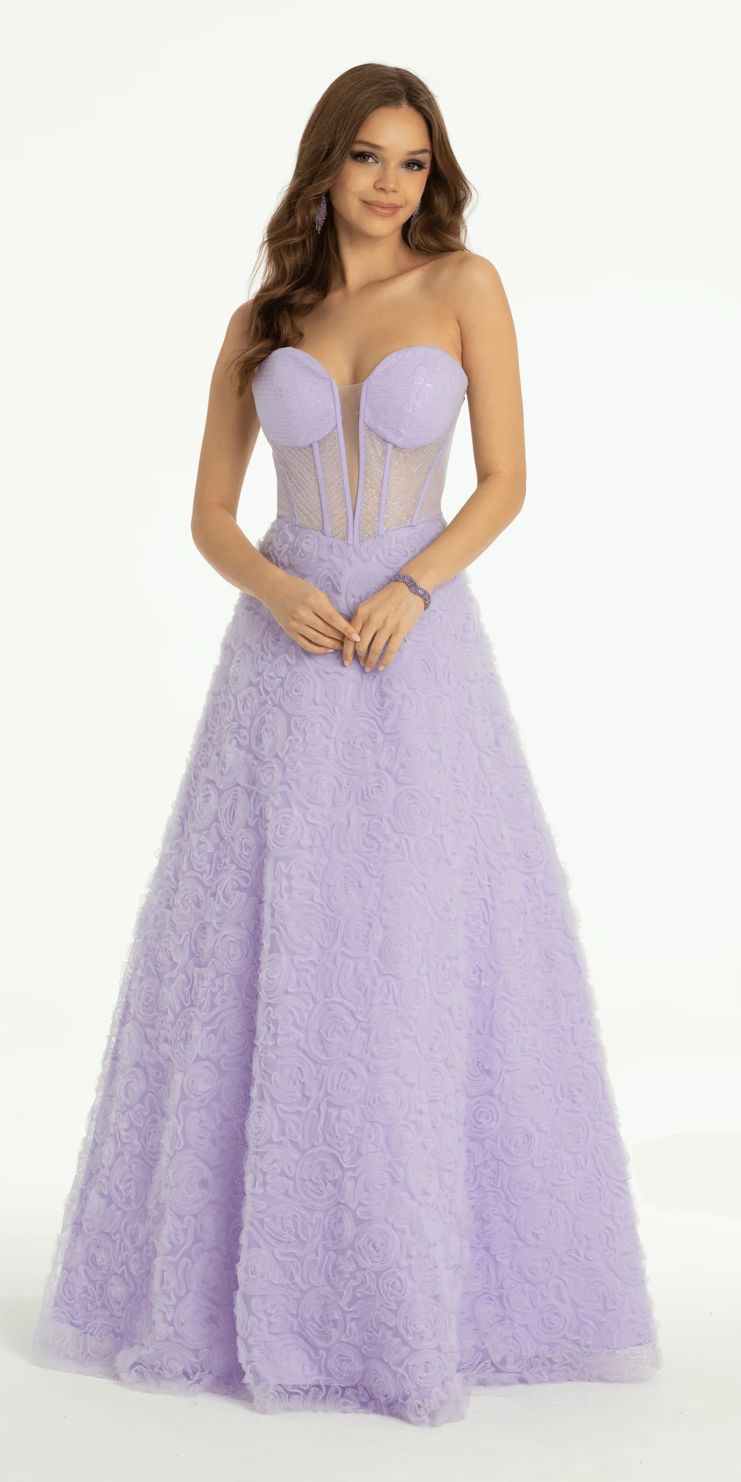 Rosette Glitter Mesh Plunging Corset Ballgown - Image 4