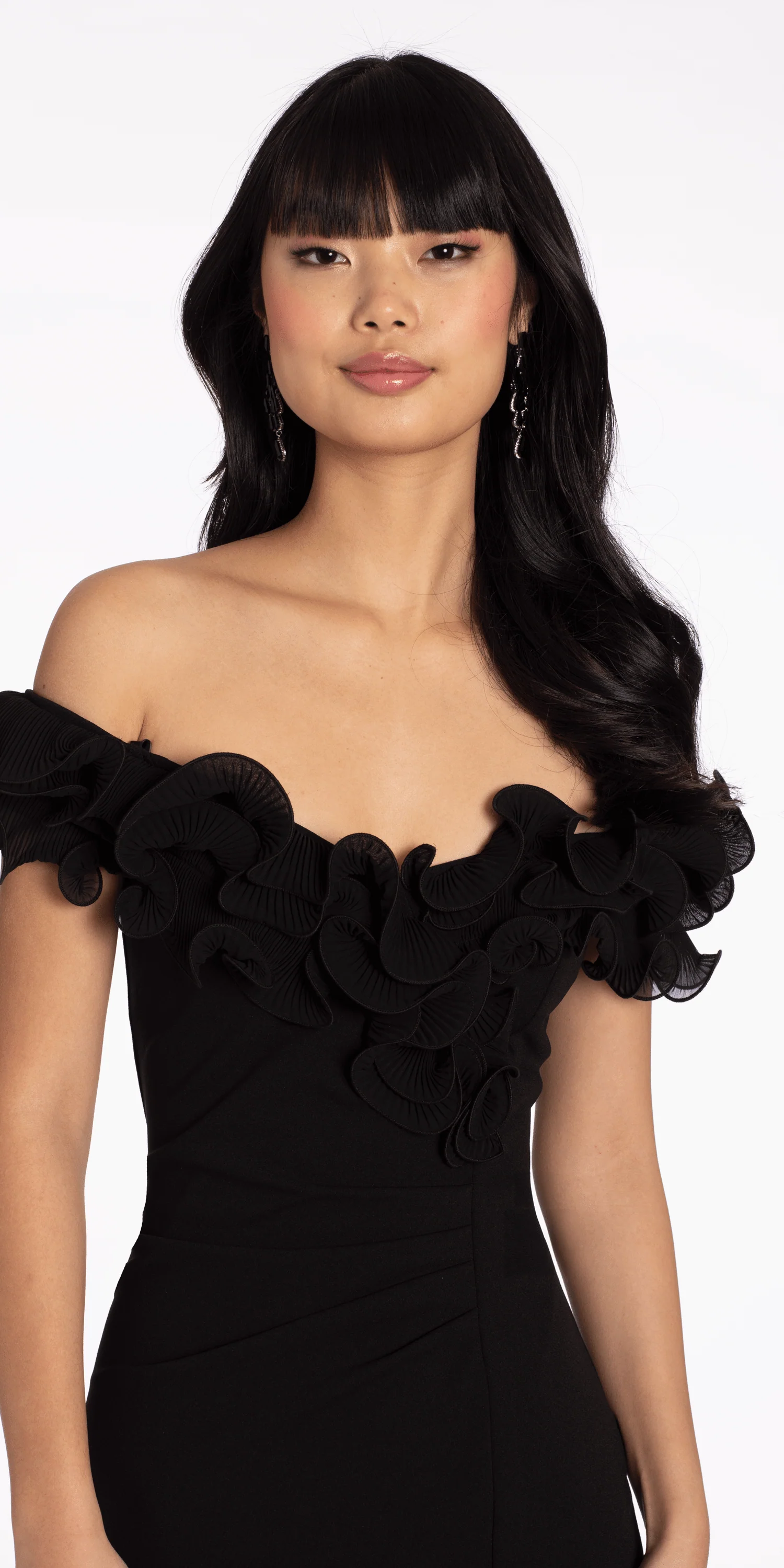Ruffle Off the Shoulder Crepe Midi Dress with Ruching - Image 2