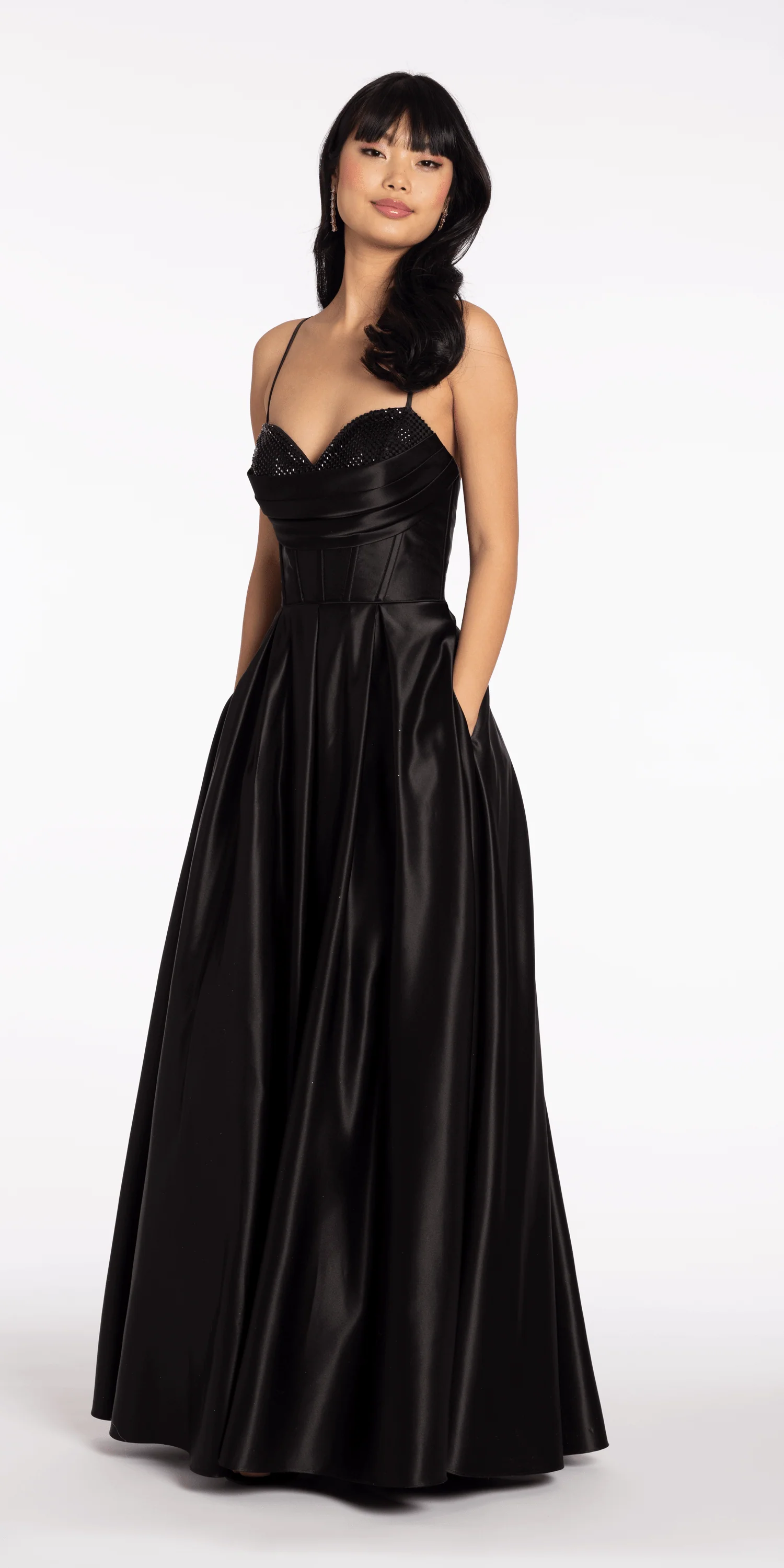 Satin Beaded Drape Corset Ballgown with Side Pockets - Image 7