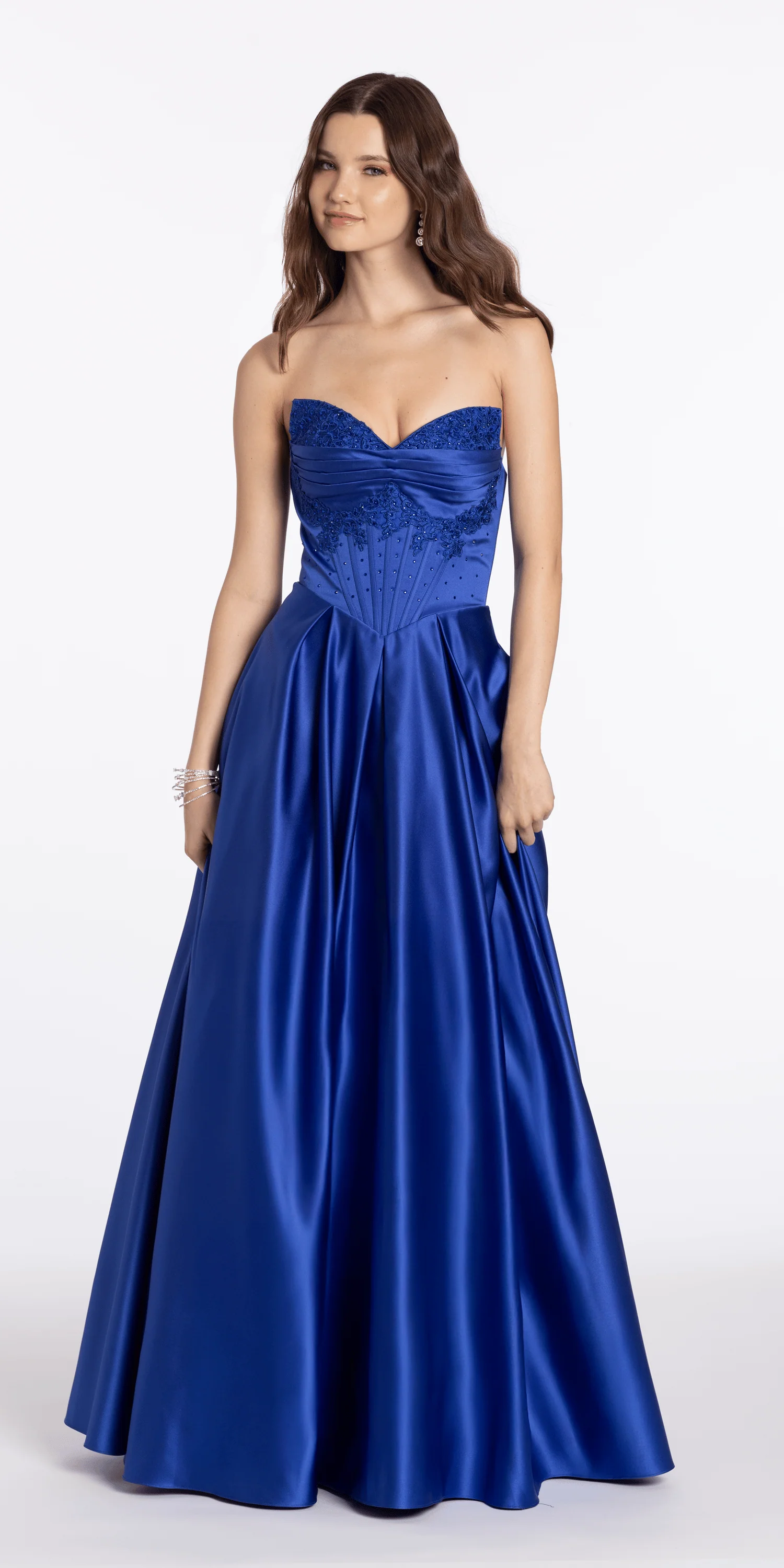 Satin Beaded Strapless Embroidered Corset Ballgown with Pockets - Image 3