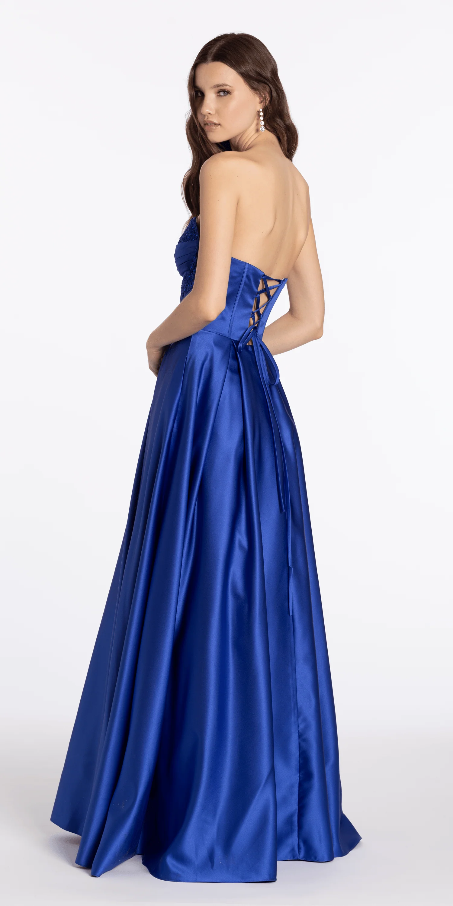 Satin Beaded Strapless Embroidered Corset Ballgown with Pockets - Image 4