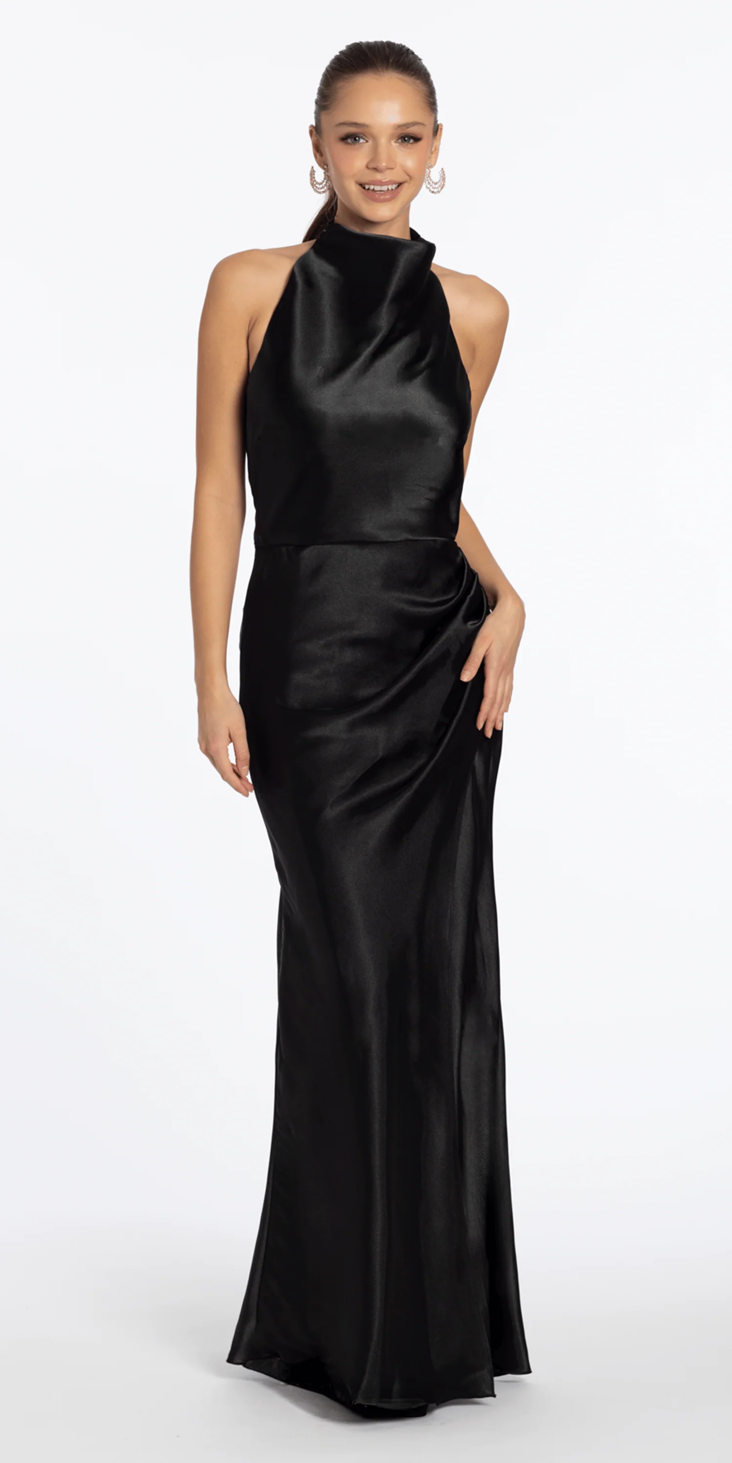 Satin Cowl Neck Halter Column Dress with Side Ruching - Image 3