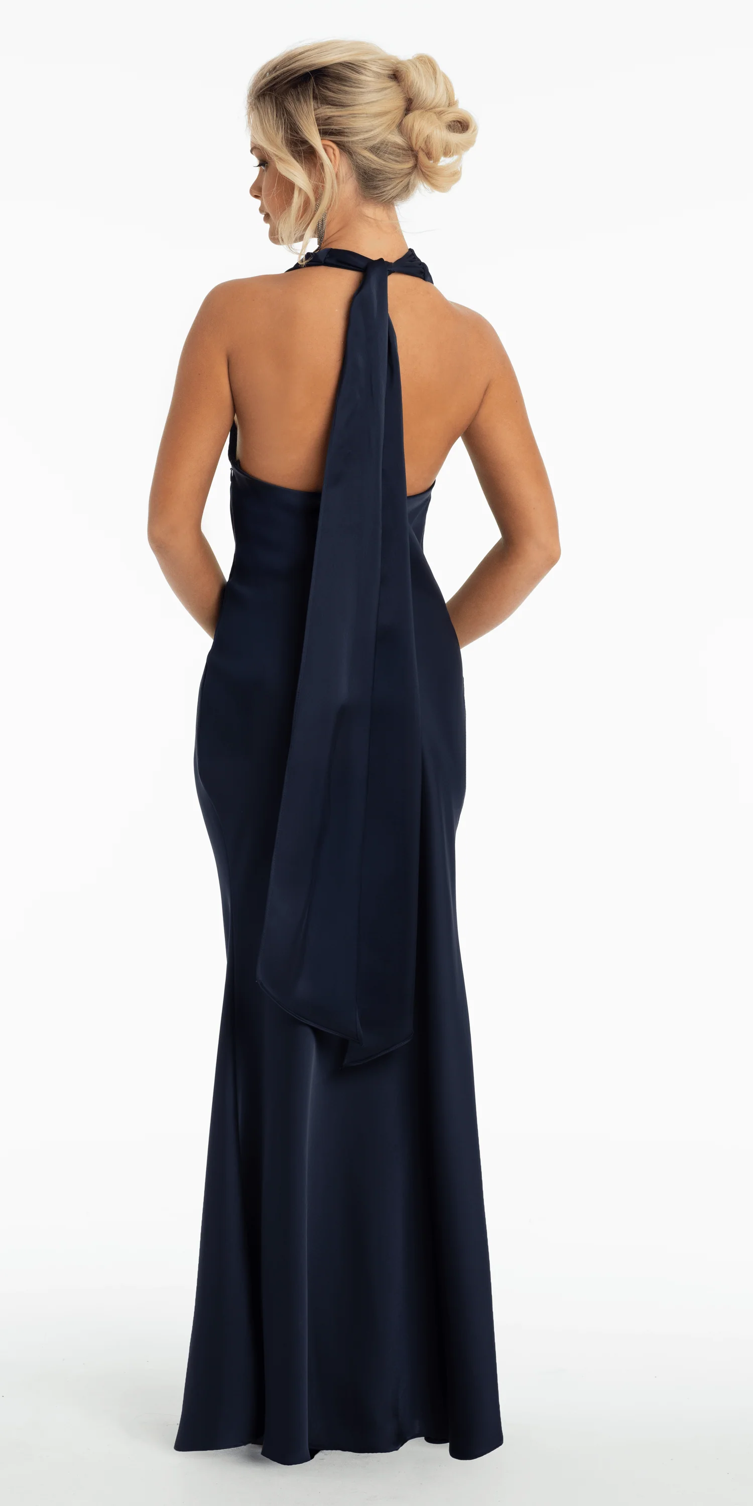 Satin Drape Halter Tie Neck Column Dress with Brooch - Image 3