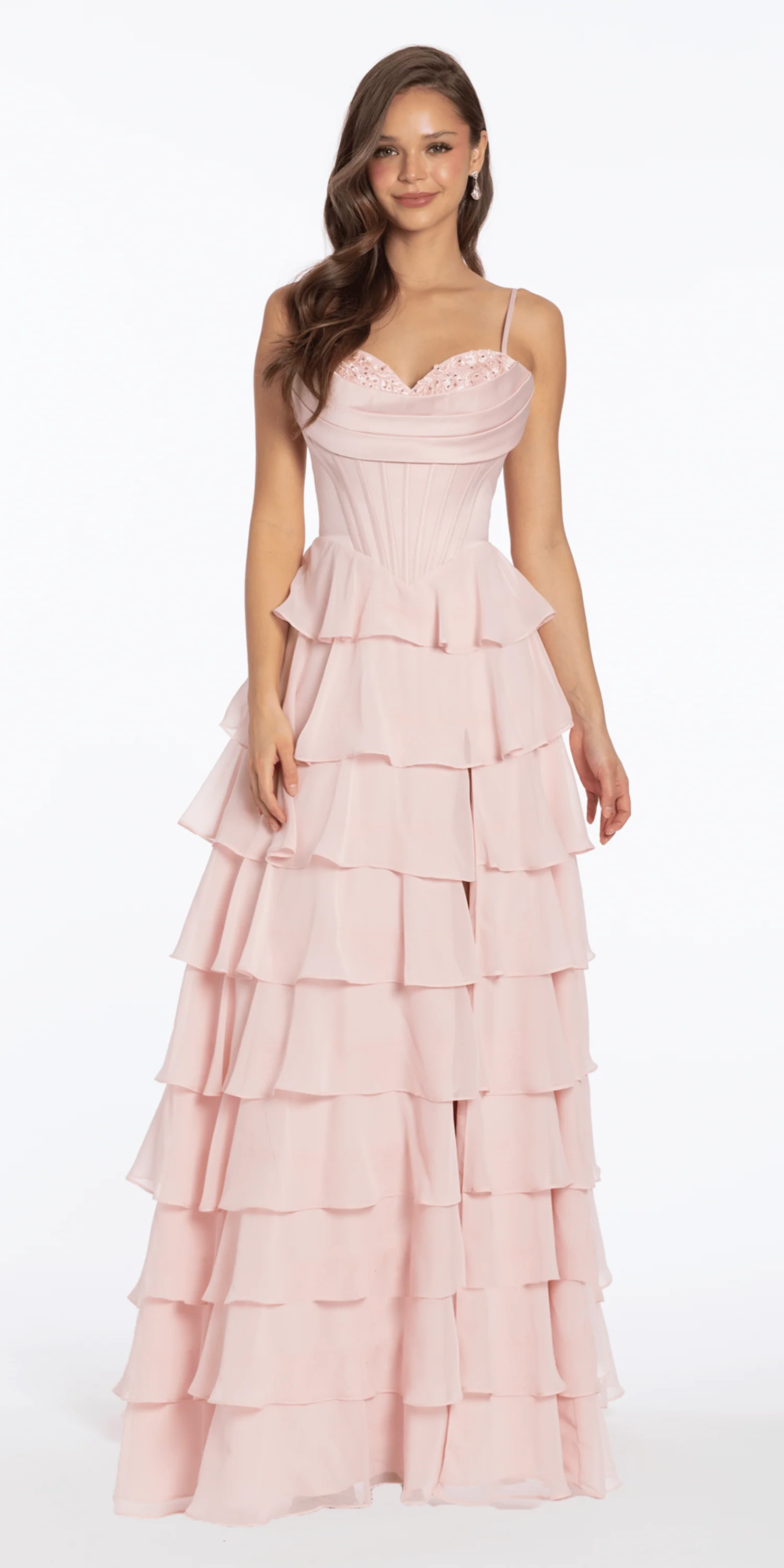 Satin Embroidered Cowl Corset A Line Dress with Chiffon Tiers - Image 4