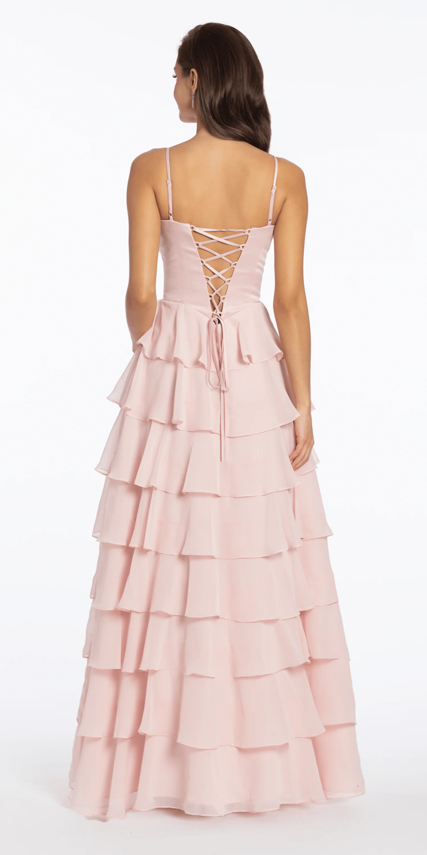 Satin Embroidered Cowl Corset A Line Dress with Chiffon Tiers - Image 5